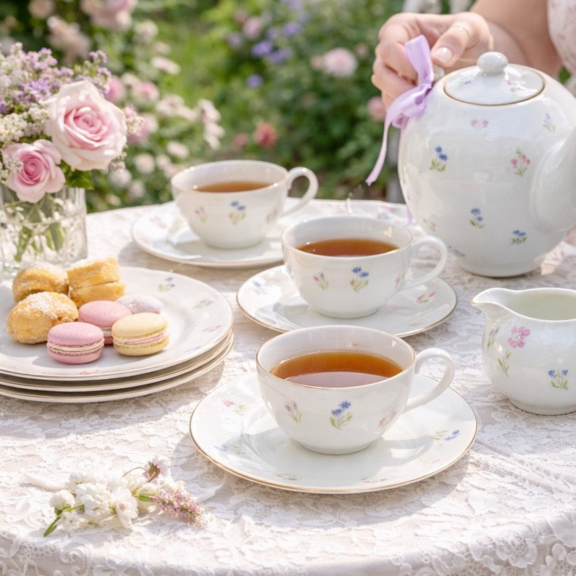 Vintage Floral Porcelain Tea Set | 15-Piece Cottagecore Teapot & Teacup Set with Saucers and Dessert Plates
