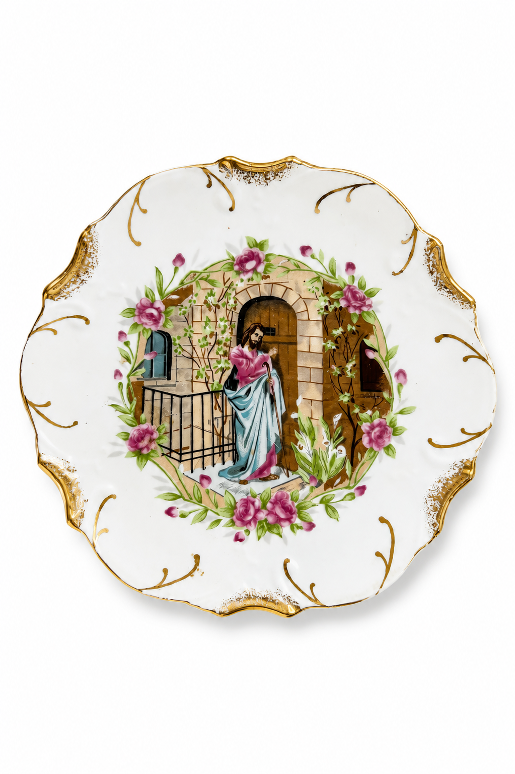 1950s Vintage Jesus Knocking at the Door Porcelain Plate | 18K Gold Trim | Christian Wall Décor