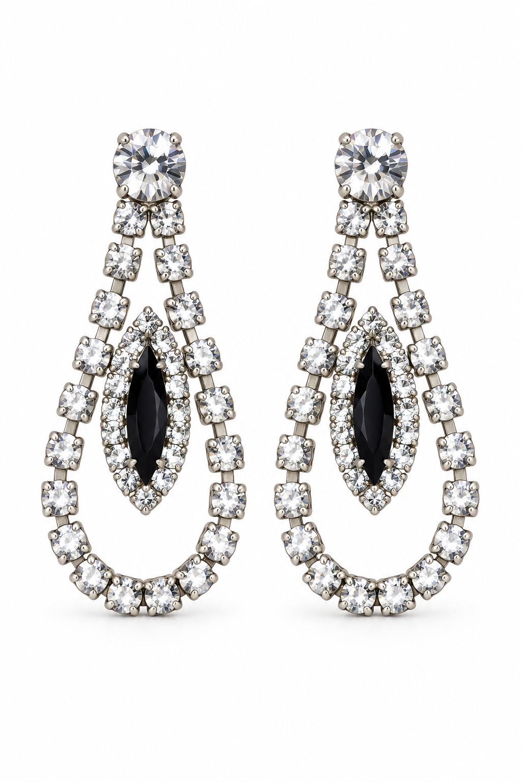 Vintage 1950s Hollywood Regency Black & Clear Faux Rhinestone Statement Earrings – 1.5”