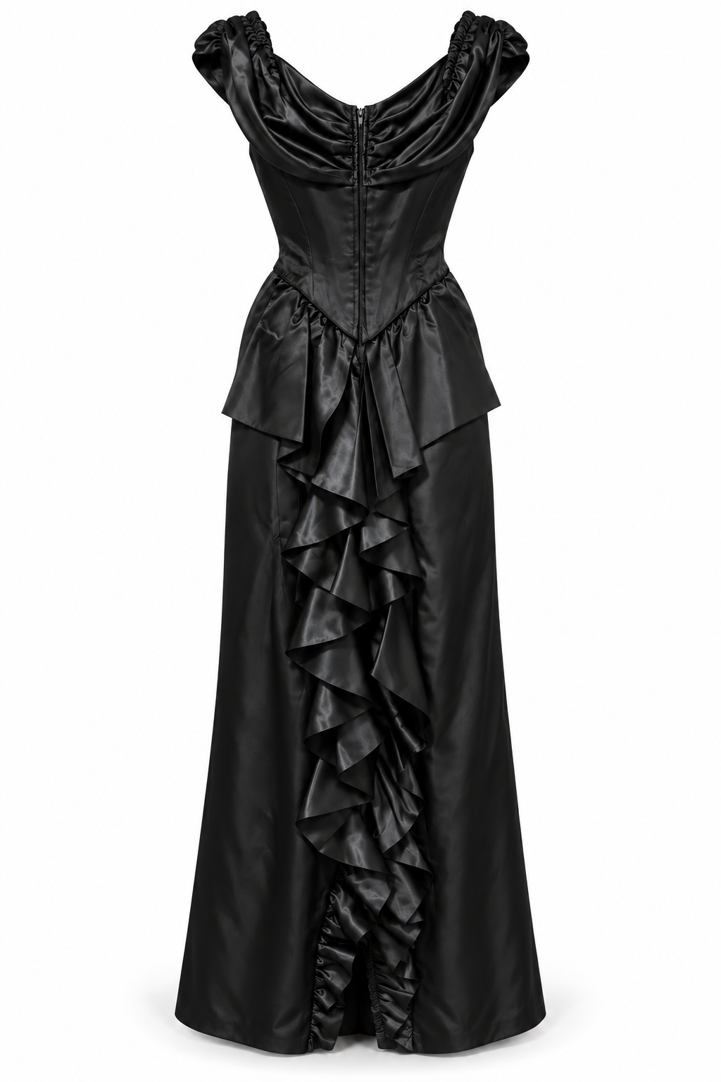 Vintage Zum Zum Black Satin Off-Shoulder Ruched Evening Gown – Ruffle Back Union Made USA – Size 7