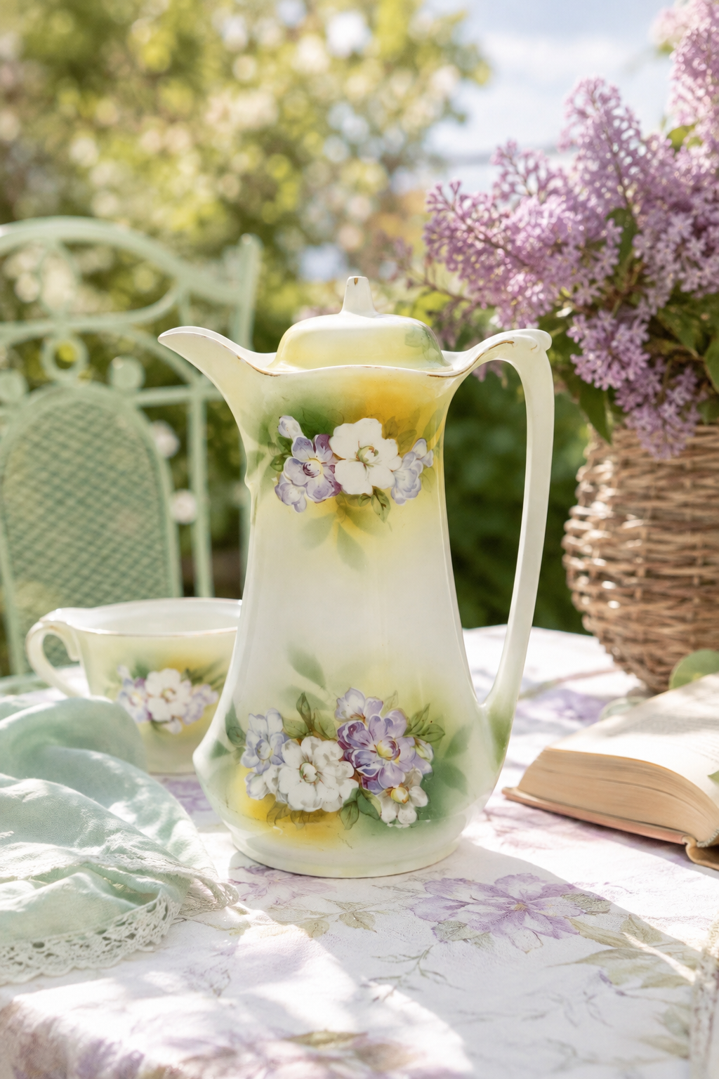 Antique R.S. Prussia Porcelain Chocolate Pot – Hand Painted Purple & White Florals, Circa 1910–1938