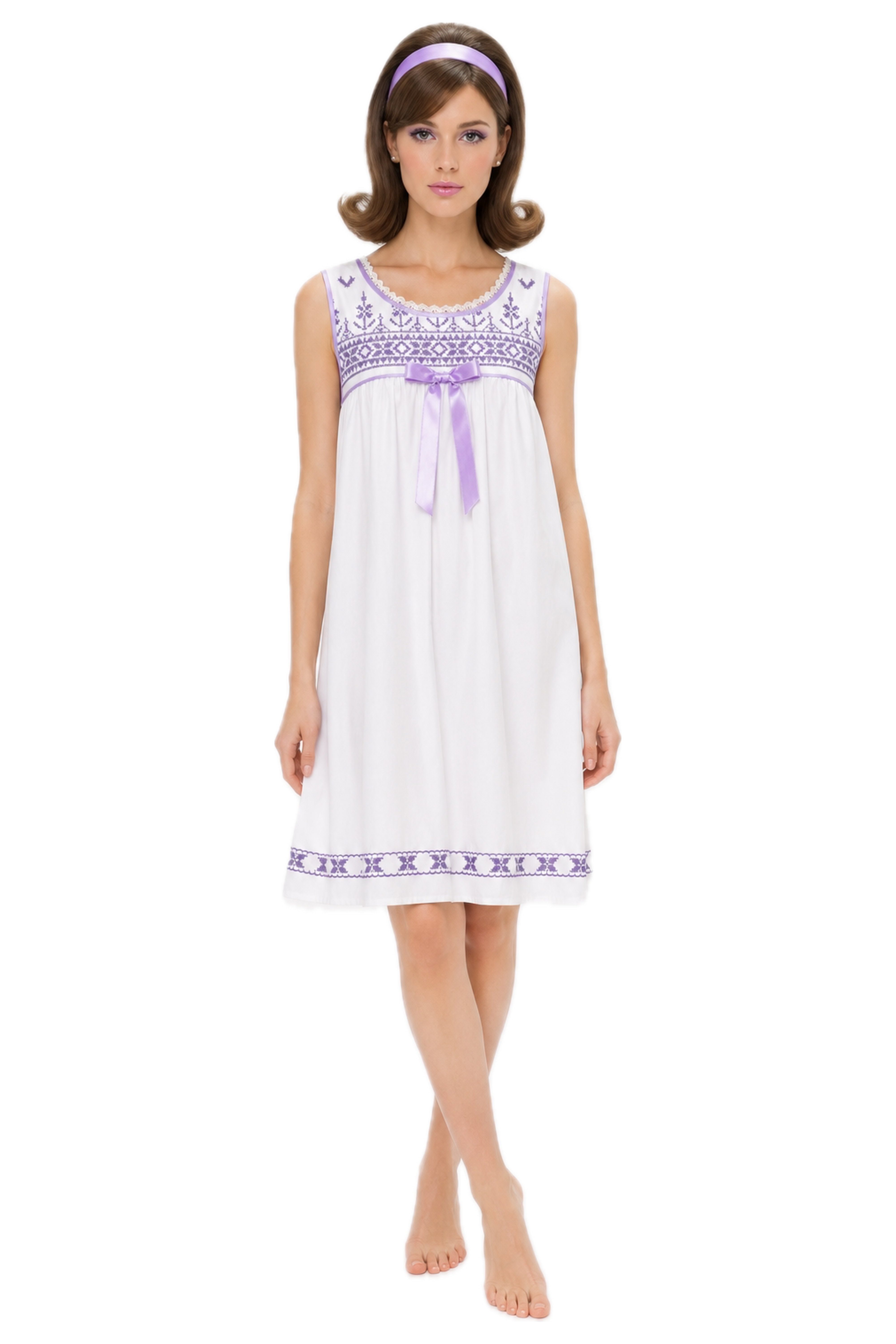 Vintage 1960s Style Durelle Nightgown – White & Lavender Embroidered Sleeveless Gown | Made in USA | Size Medium