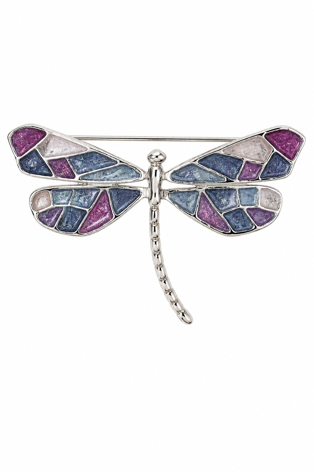 Vintage 1980s Liz Claiborne Silver Tone Dragonfly Brooch Purple Blue Stained Glass Enamel Pin
