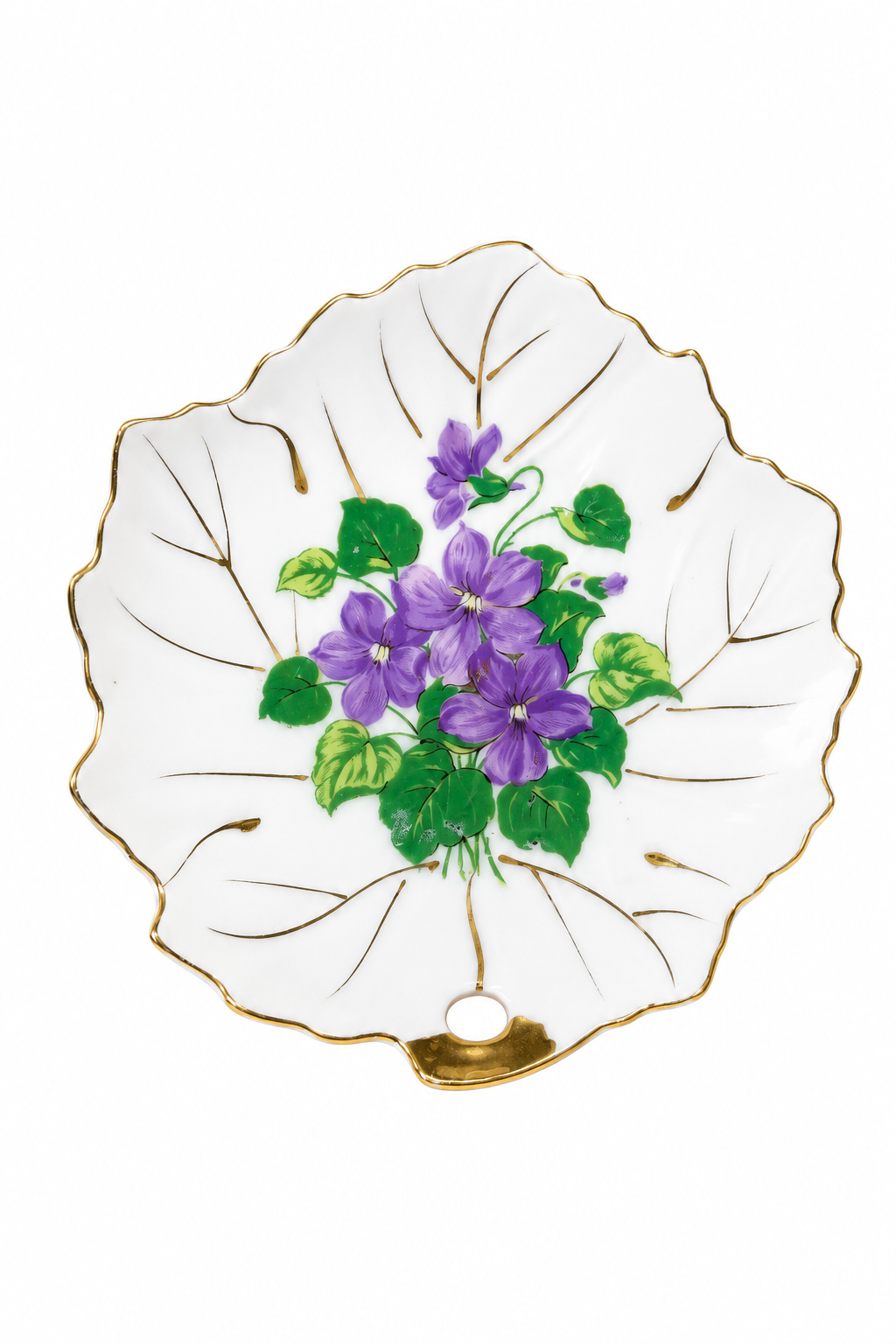 Vintage 1940s–1950s Nasco Japan Porcelain Leaf Shaped Trinket Dish with Purple Violets & Gold Trim