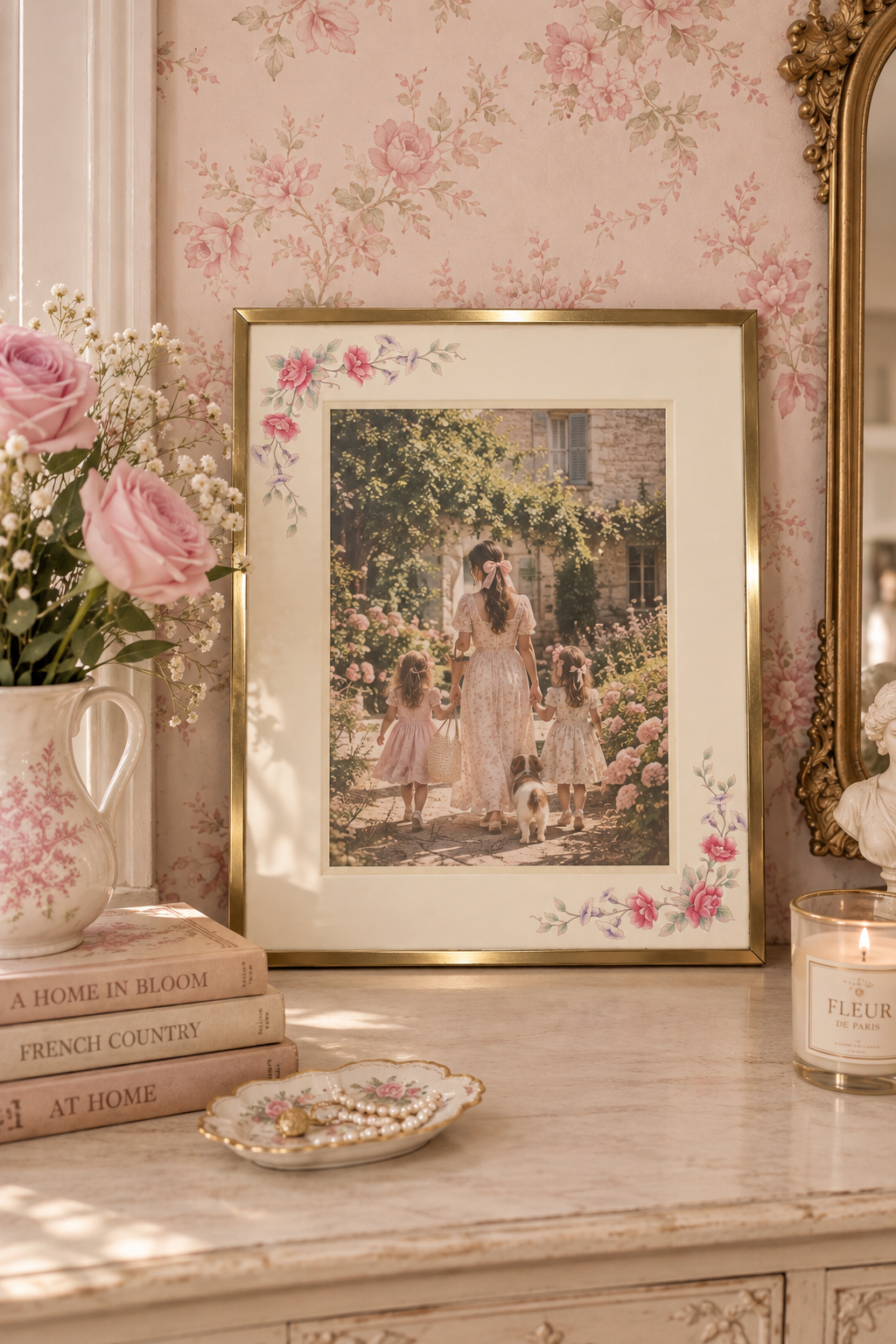 Vintage 1980s Gold-Tone Metal Picture Frame with Pink Floral Mat