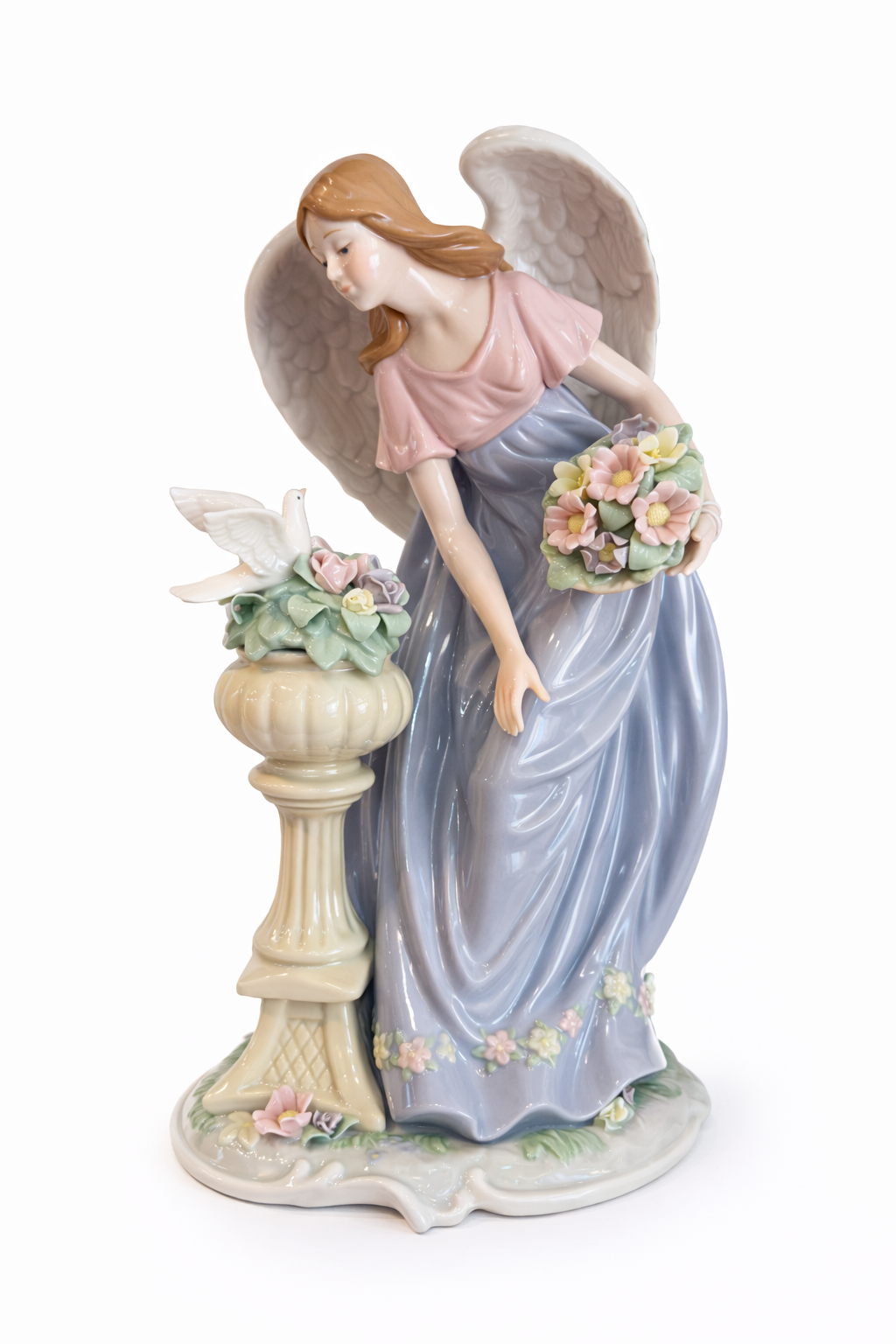 2006 Member’s Mark Angel Figurine with Dove | Porcelain Heavenly Decor, Pastel Floral, 12” Vintage Angel Statue