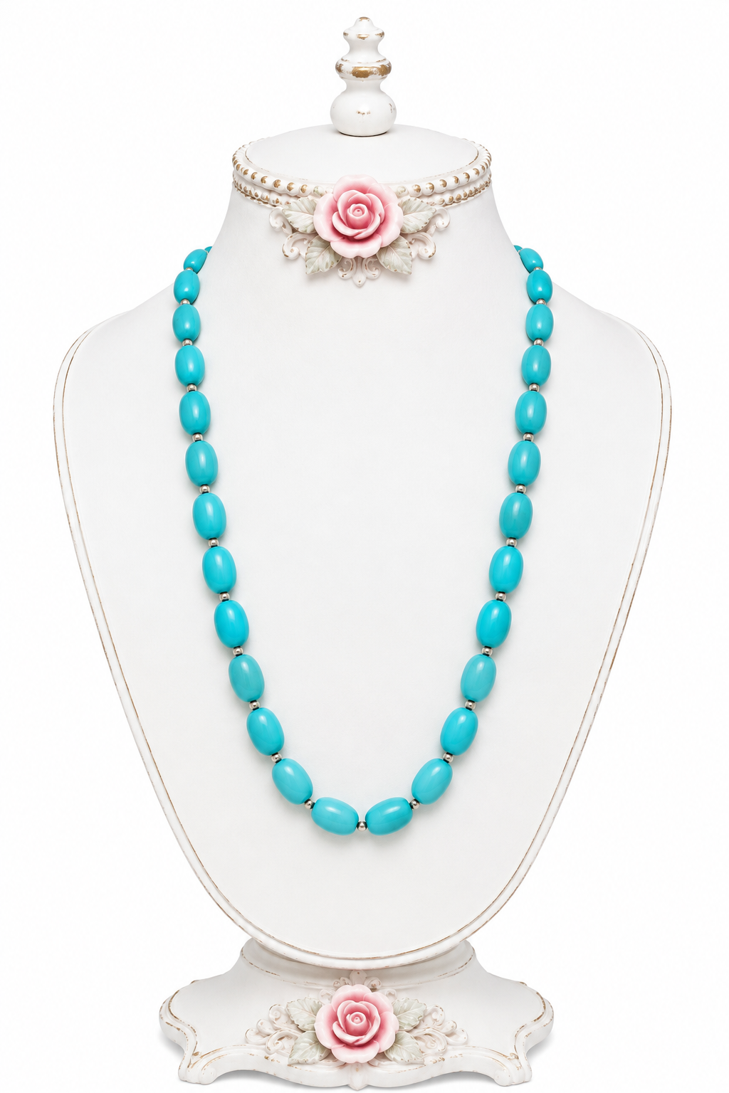 Vintage 1980s Turquoise Blue Oval Beaded Necklace | Retro Statement Jewelry