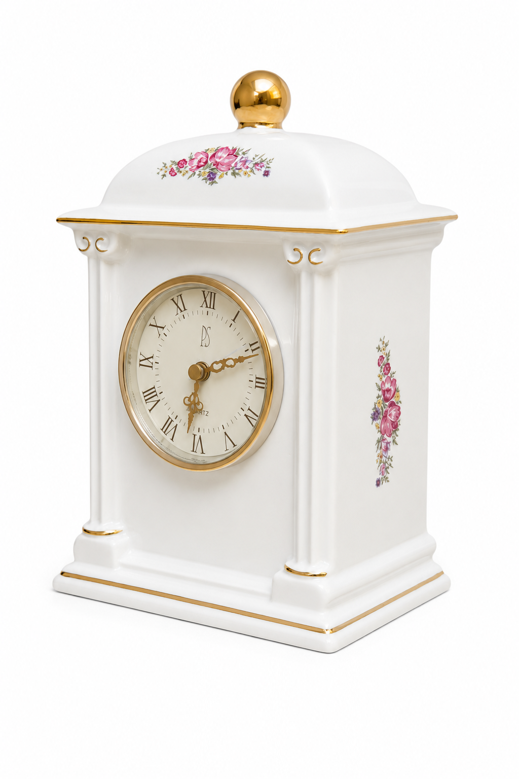 1993 Paul Sebastian Limited Edition Porcelain Mantel Clock | White Ceramic with Pink Florals & 22K Gold Accents