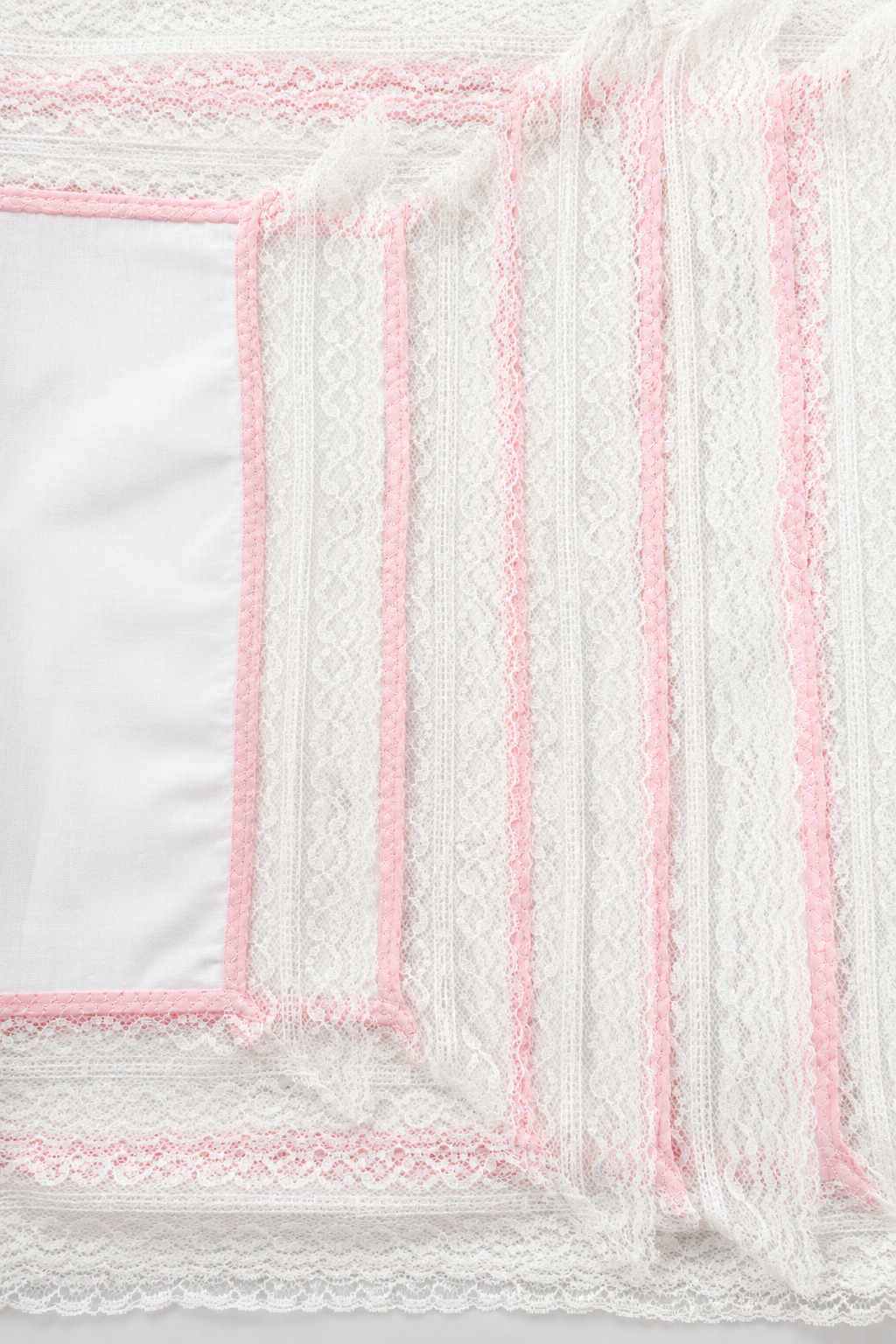 Vintage 1950s Grant & Crest 5-Piece Cotton Bedroom Dresser Scarf & Doily Set – Pink & White Lace – New Old Stock in Original Box