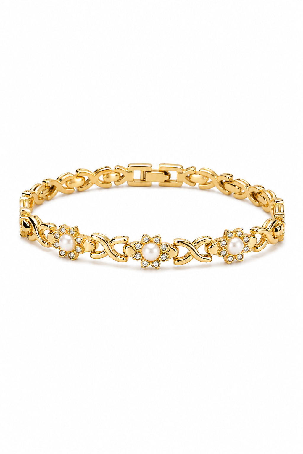 Vintage Gold Tone Hugs & Kisses Link Bracelet – Faux Pearl Rhinestone Flower Statement Jewelry