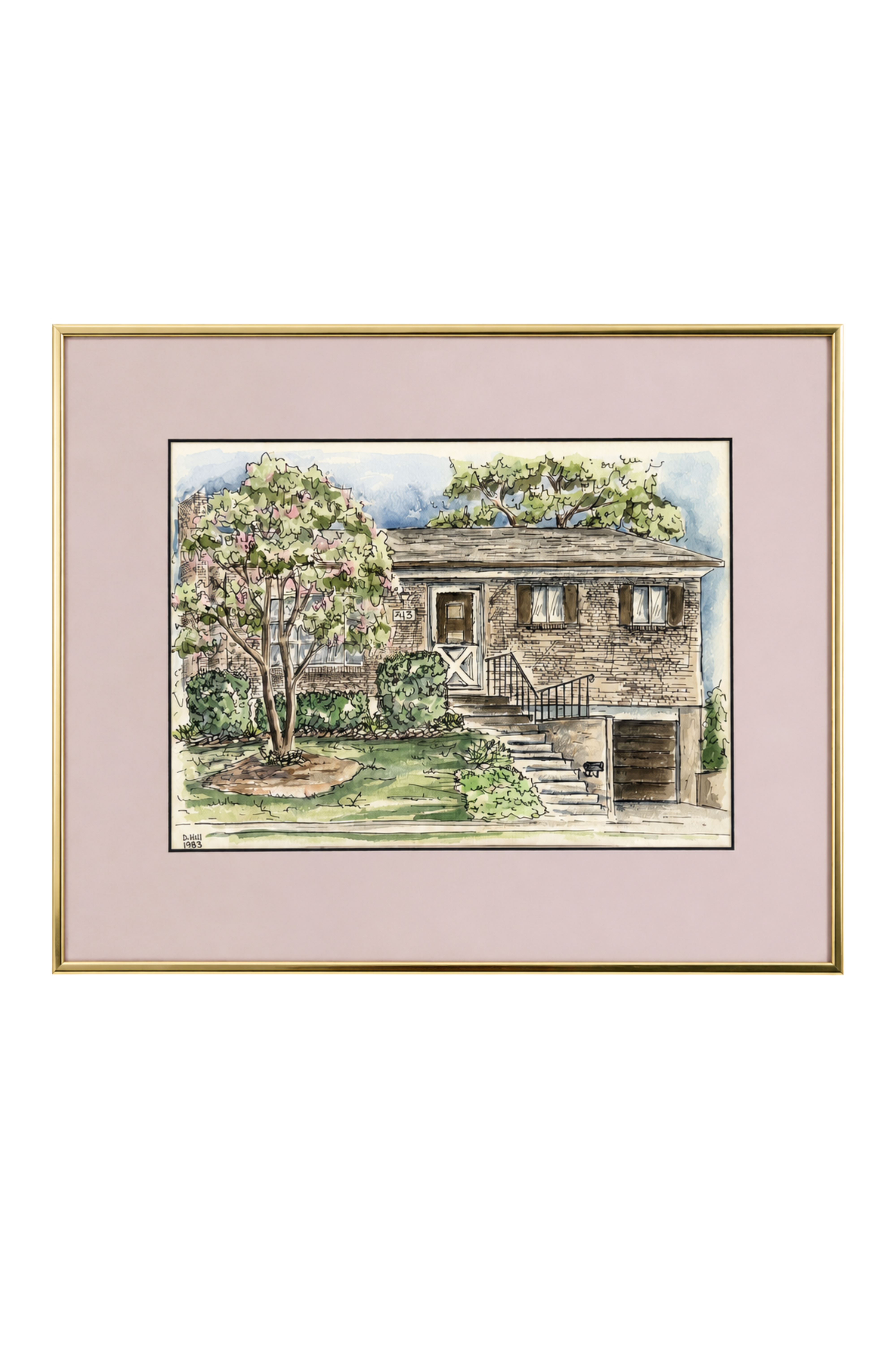 Vintage 1980s Framed Cottage House Art Print | Pastel Landscape Wall Art | Gold Frame | Signed 1983