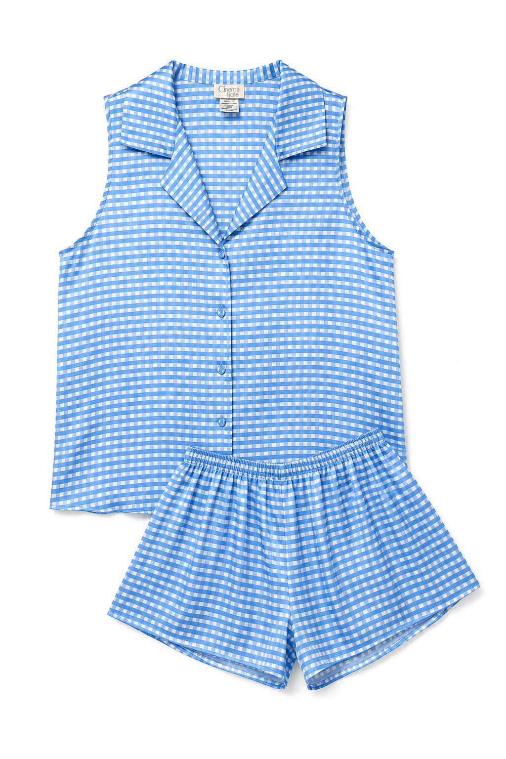 Cinema Etoile Blue Gingham 2-Piece Pajama Set – Button Front Sleeveless Top & Shorts | Size Large