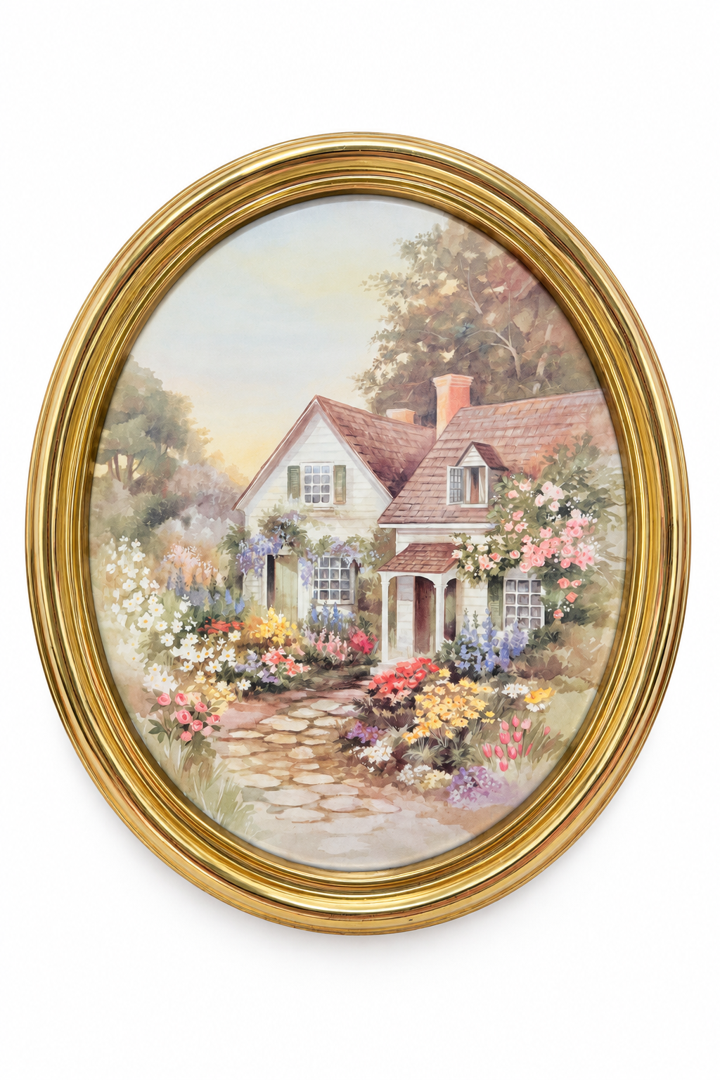 Vintage 1980s Lee K. Parkinson Country Cottage Garden Art Print in Oval Gold-Tone Frame