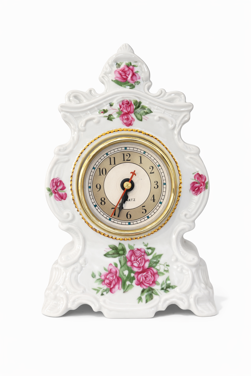 Vintage Rococo Floral Mantel Clock | Romantic Porcelain Rose Clock (Battery Operated)