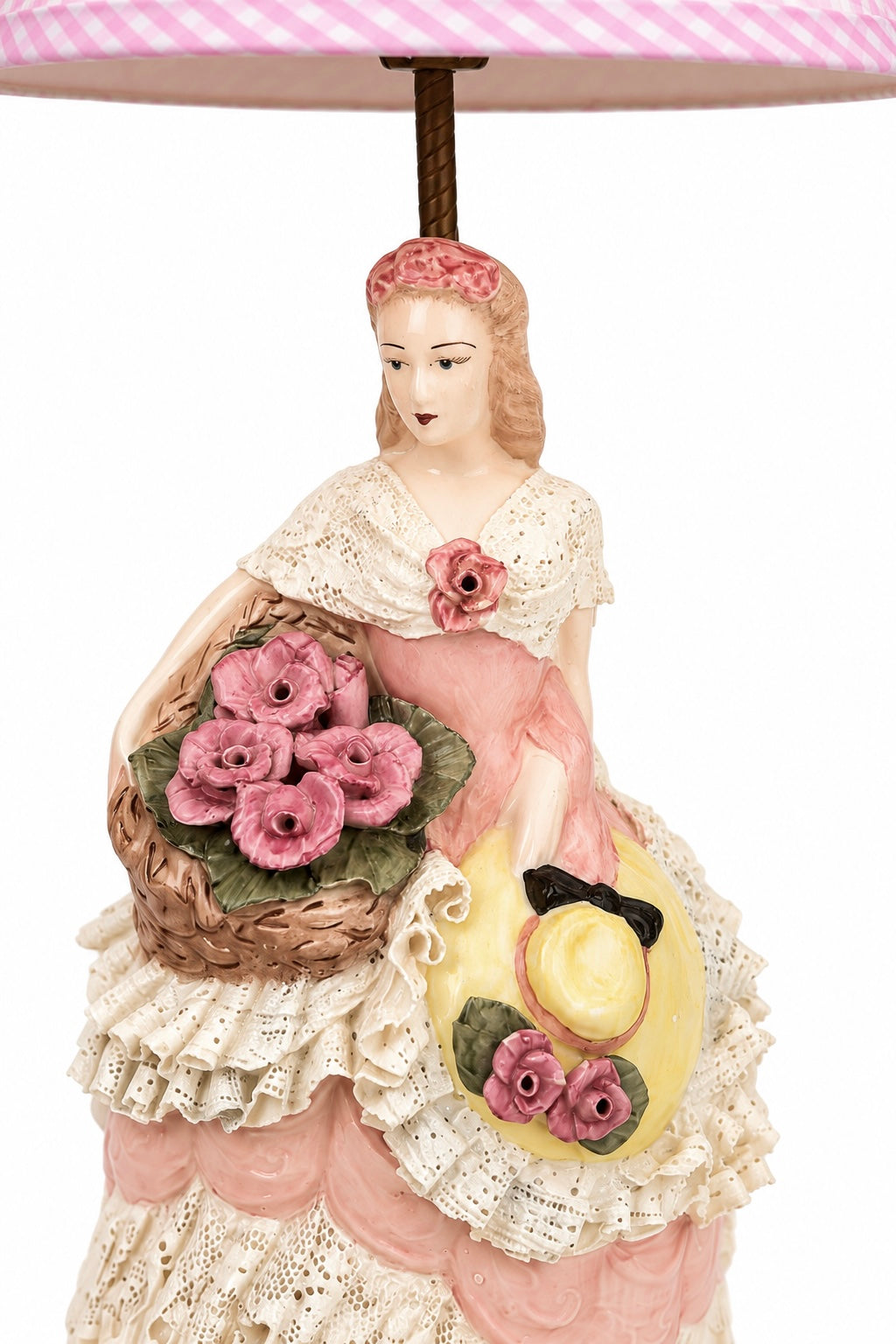 Vintage Italian Victorian Lady Porcelain Table Lamp | Romantic Cottage Lamp with Pink Gingham Shade