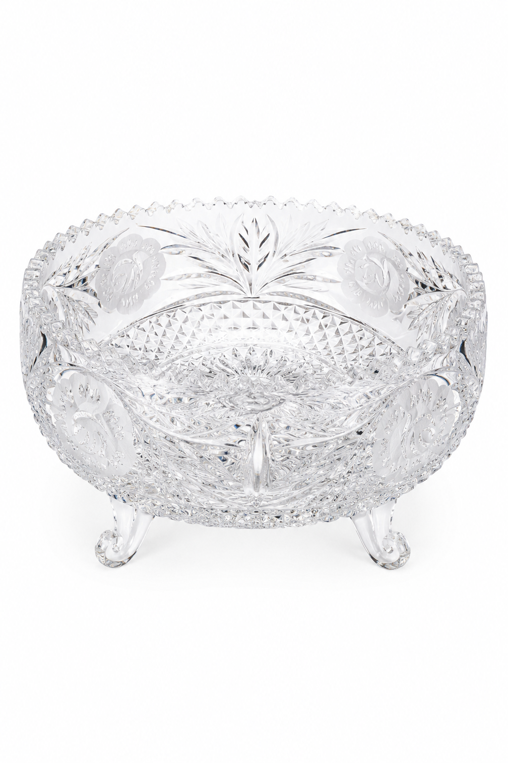 Vintage 1970s Cut Crystal Footed Centerpiece Bowl | Frosted Rose Etched Lead Crystal | Sawtooth Rim Pedestal Bowl | Elegant Vintage Crystal Decor
