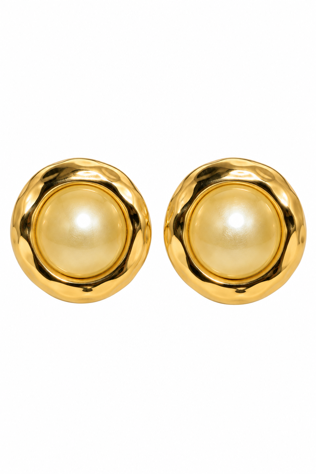 Vintage 1980s Gold-Tone Oversized Faux Pearl Round Button Clip-On Earrings