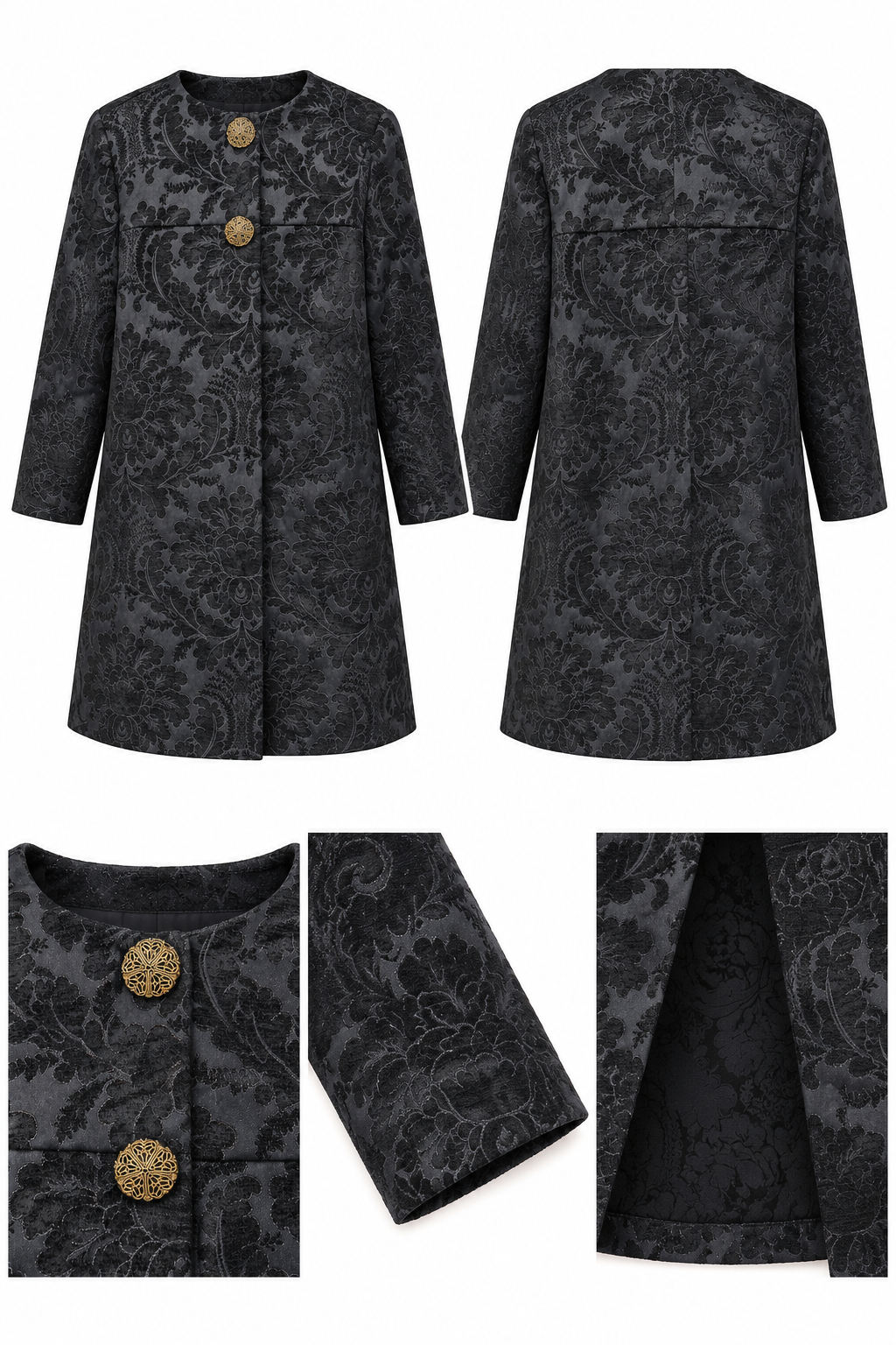 Vintage Black Damask Brocade Swing Coat with Gold Statement Buttons – Unlabeled