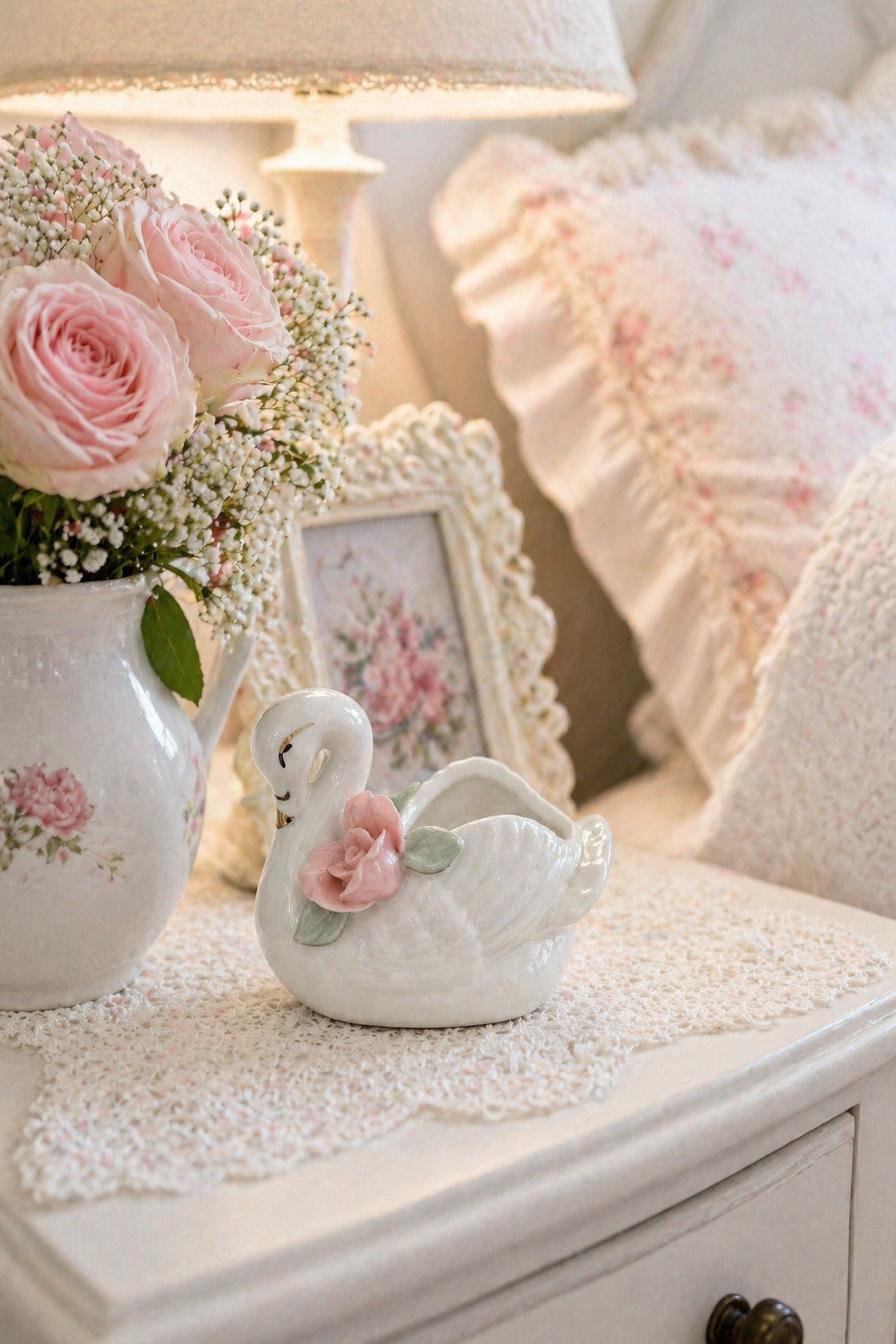 1980s Porcelain Swan Trinket Dish with Pink Roses | Vintage Jewelry Holder