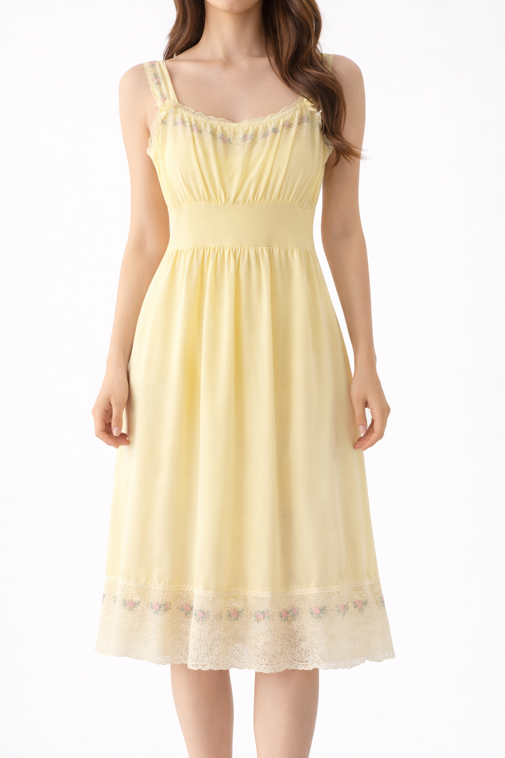 1960s Butter Yellow Floral Lace Nightgown Slip | Embroidered Vintage Lingerie (S/M)