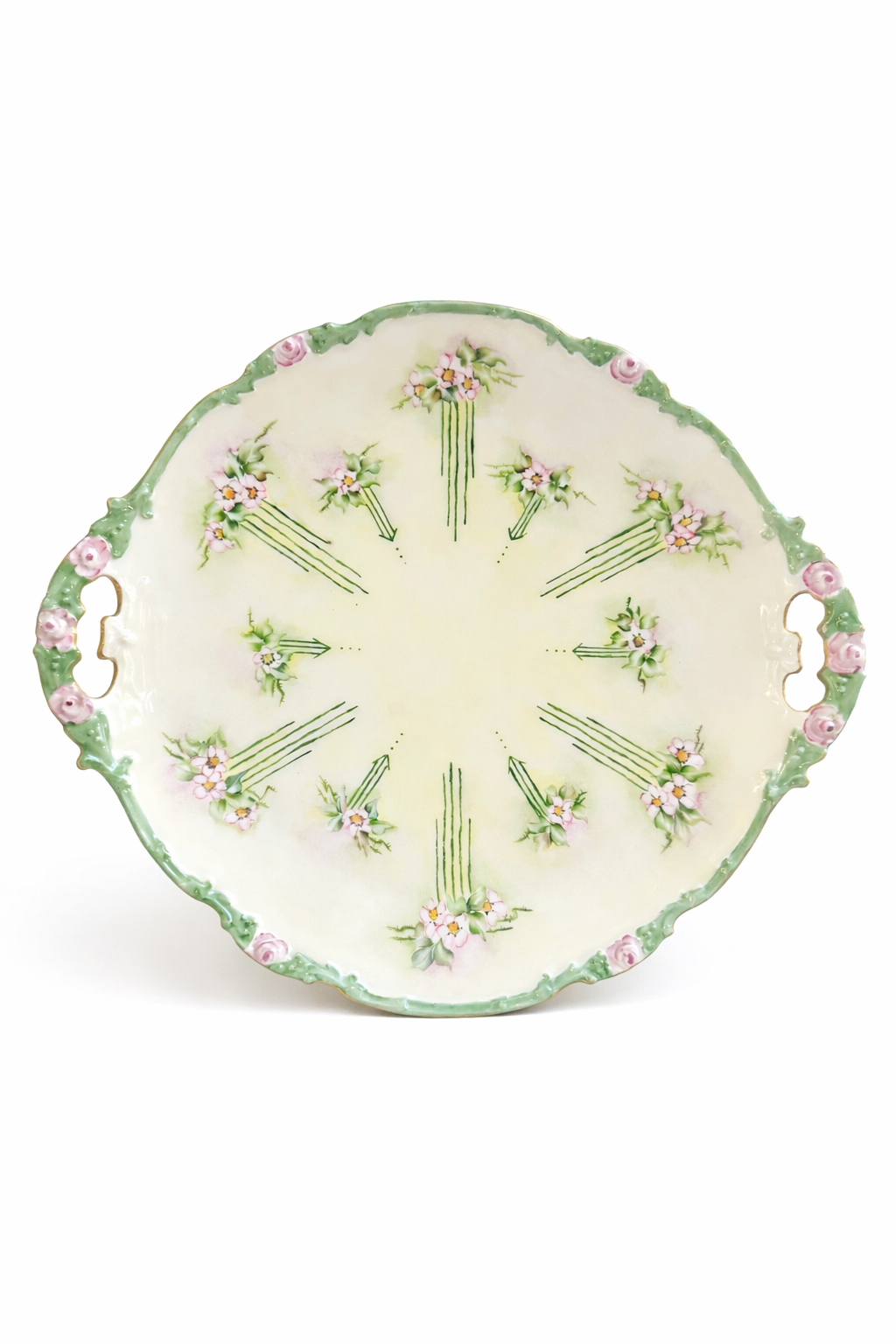 Antique Early 1900s Limoges France Hand-Painted Floral Plate with Handles | Porcelain Serving Plate