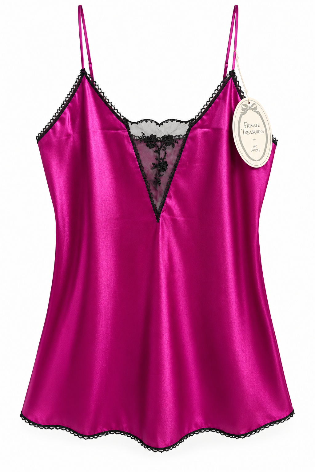 Vintage 1980s Private Treasures by Avon Fuchsia Satin & Black Lace Nightgown – NWT Size XL