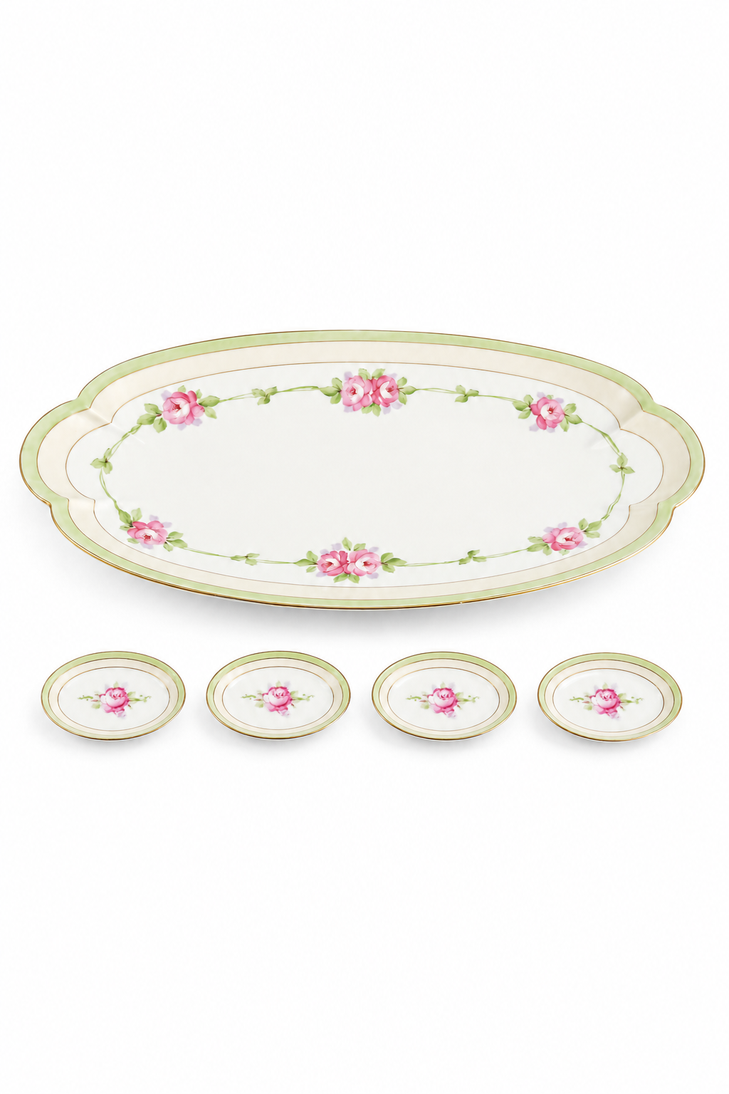 Antique Nippon Hand-Painted Porcelain Vanity Tray & Salt Cellar Set | 1891–1921 | Pink Roses | 5-Piece Set