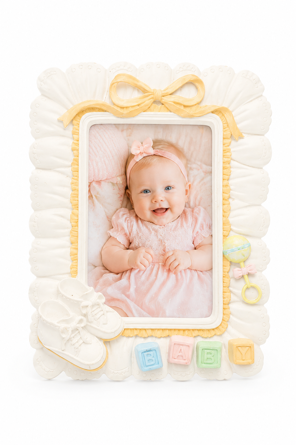 Vintage Baby Picture Frame | Nursery Photo Frame with Baby Shoes, Rattle & ABC Blocks | Holds 3” x 4.5” Photo