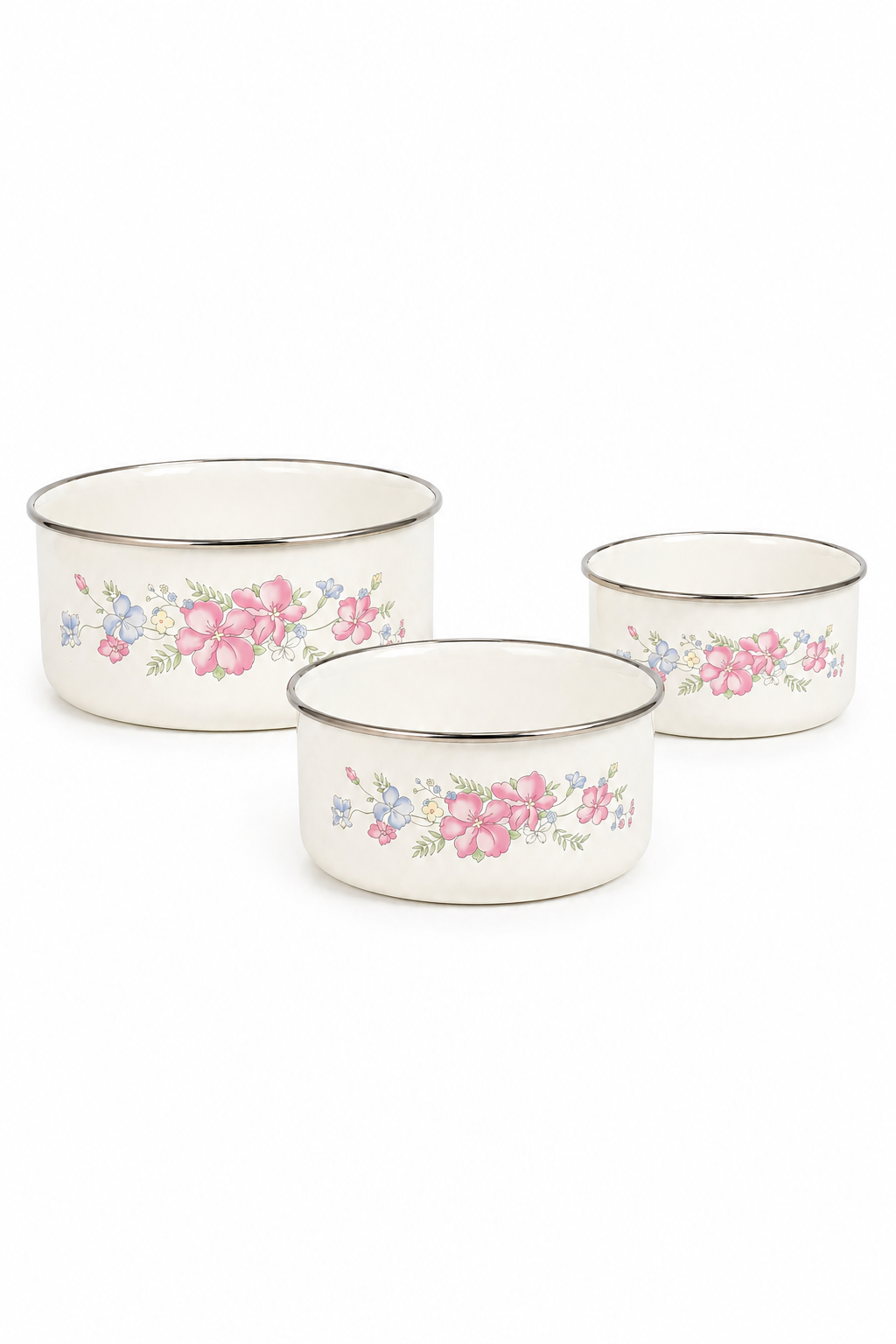 Vintage Pink & Blue Floral Enamelware Mixing Bowl Set | Shabby Chic Cottagecore Kitchen Decor | Set of 3 Bowls