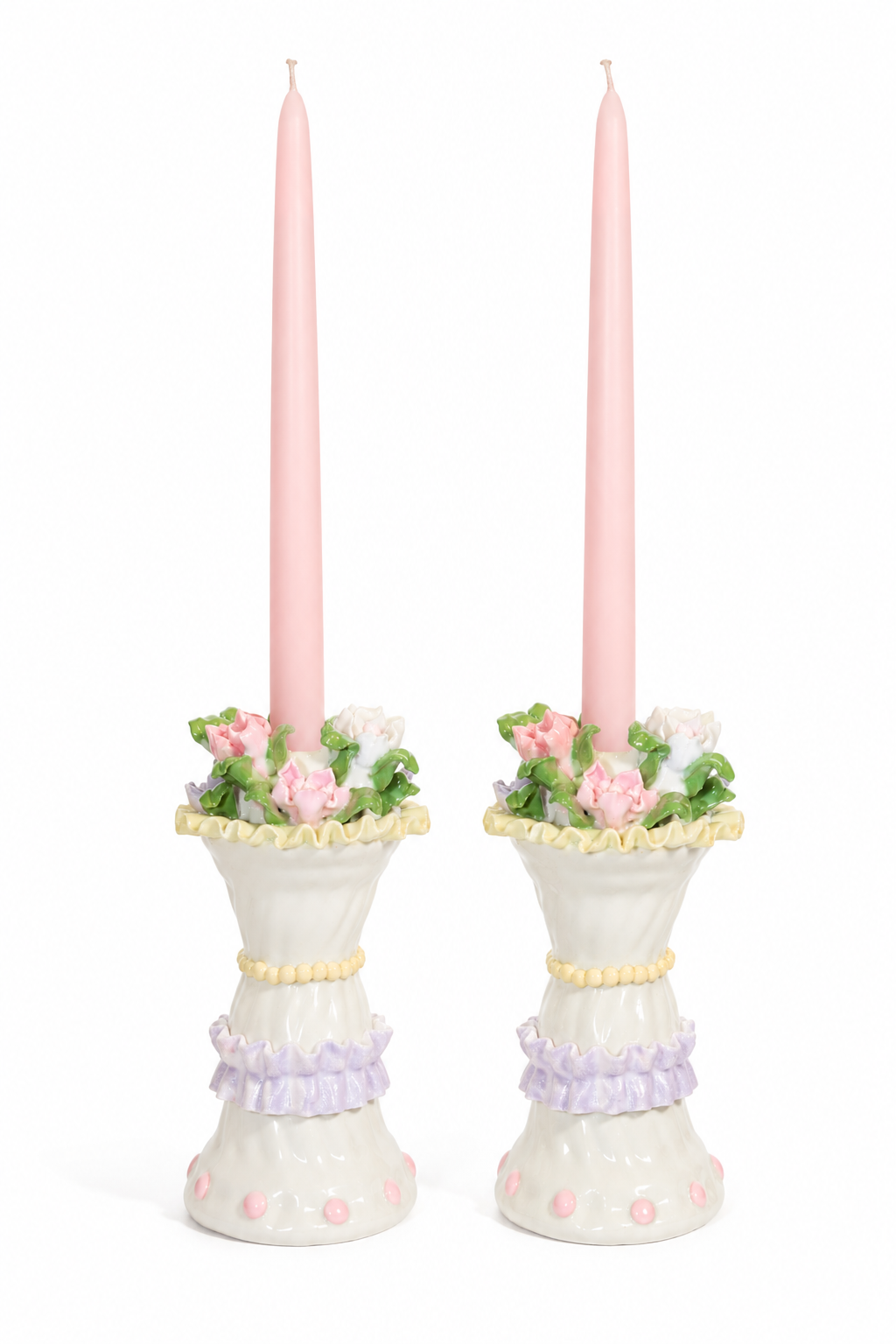 Vintage 1980s Porcelain Floral Candlestick Holders Set of 2 | Pastel Pink Flowers & Lavender Ruffle | Cottagecore Decor
