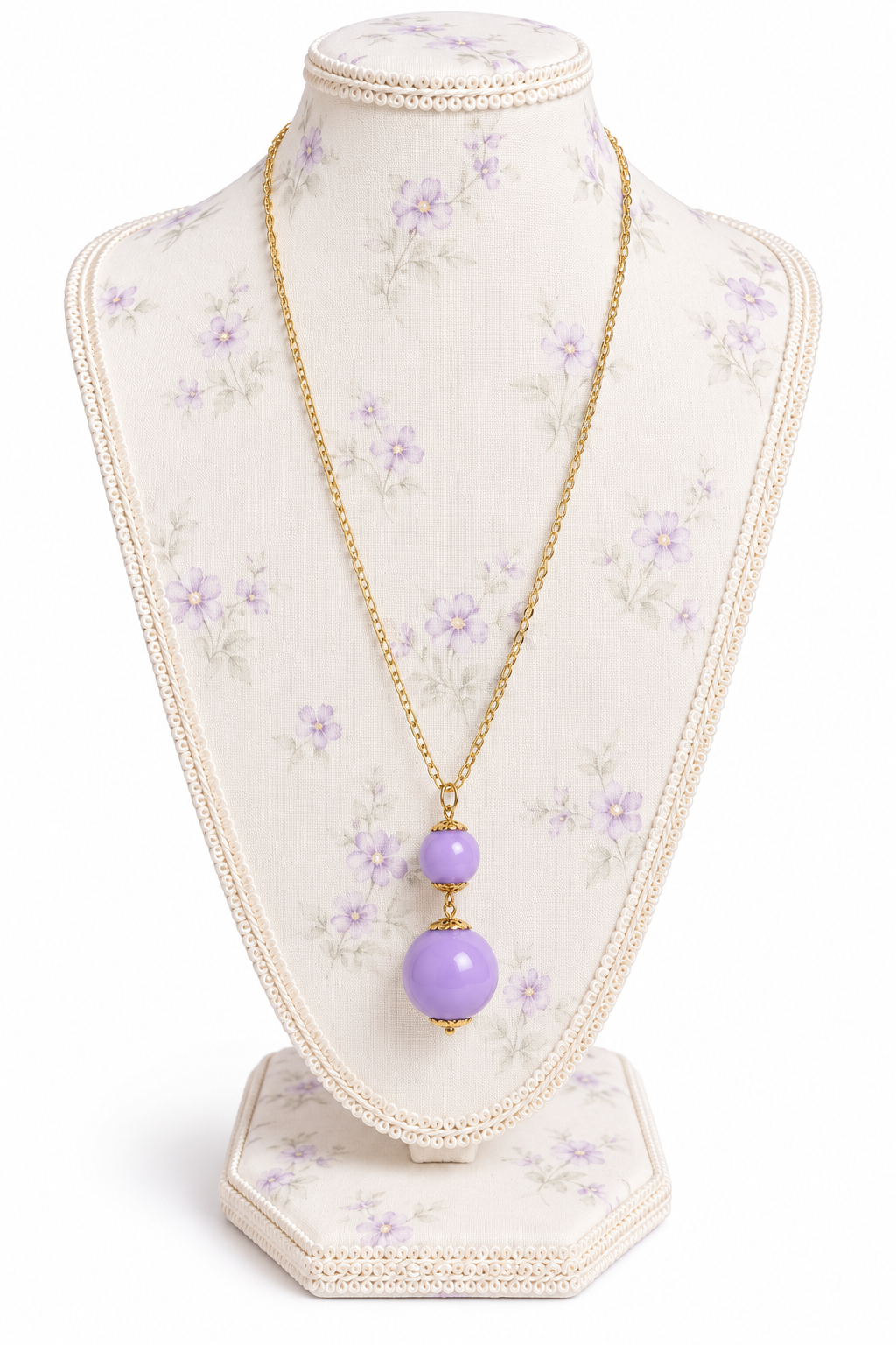 Vintage Gold-Tone Lavender Double Bead Pendant Necklace