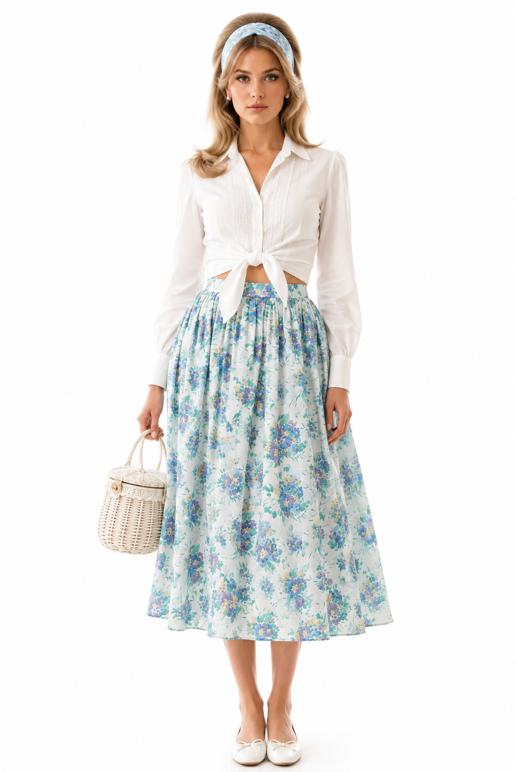 Vintage Diversity Essentials Petite Floral Midi Skirt | Cottagecore Blue & Lavender Floral Skirt | Size 14 Petite