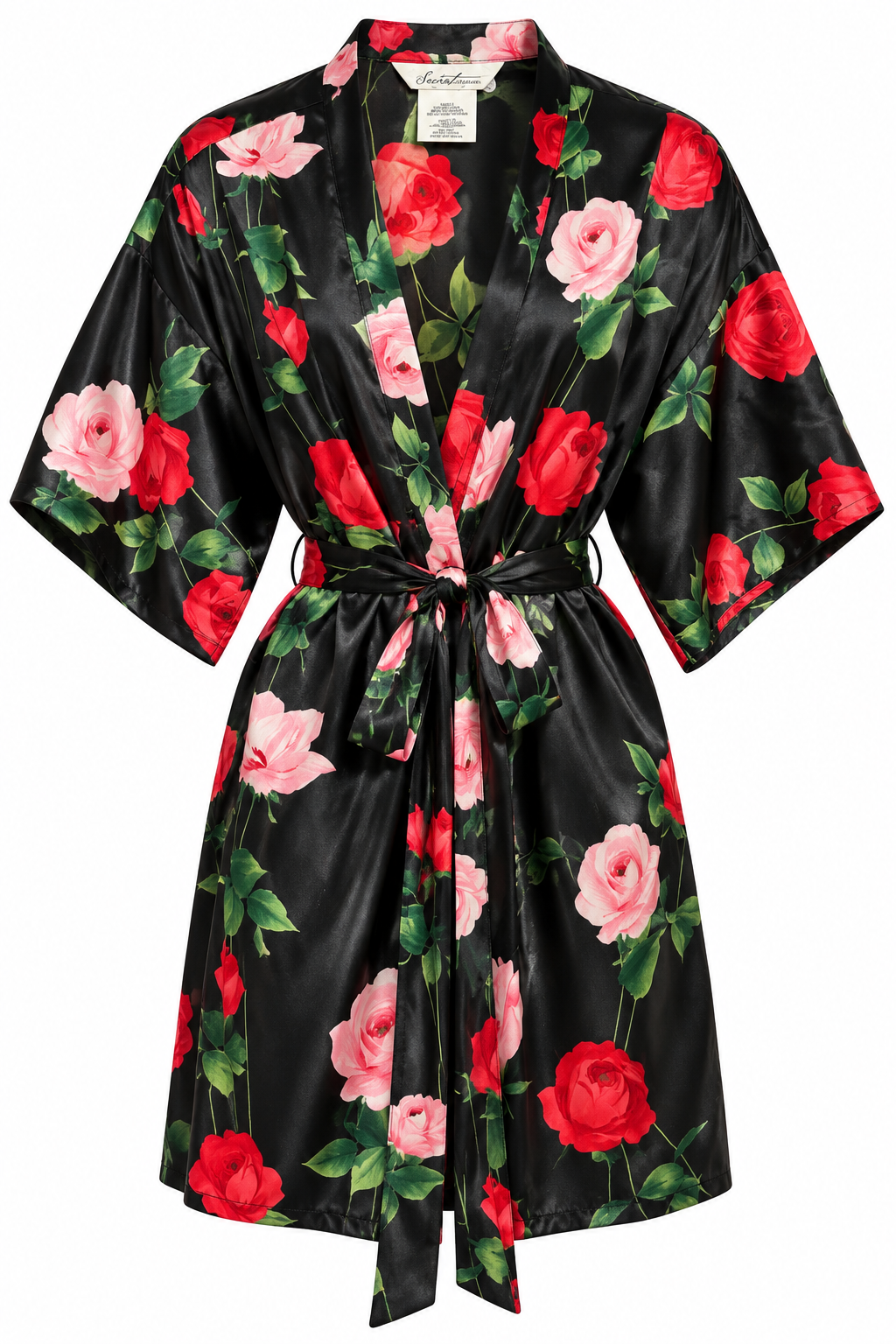 Secret Treasures Black Satin Rose Print Short Robe – Red & Pink Floral – Size Large