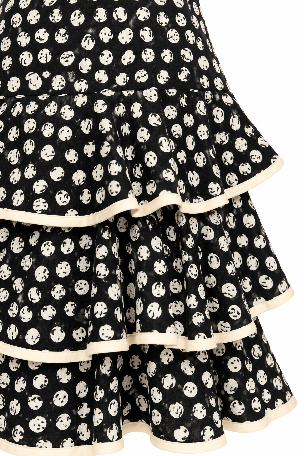 Vintage 100% Silk Black & Ivory Polka Dot Tiered Ruffle Dress – Made in Hong Kong – Size 12
