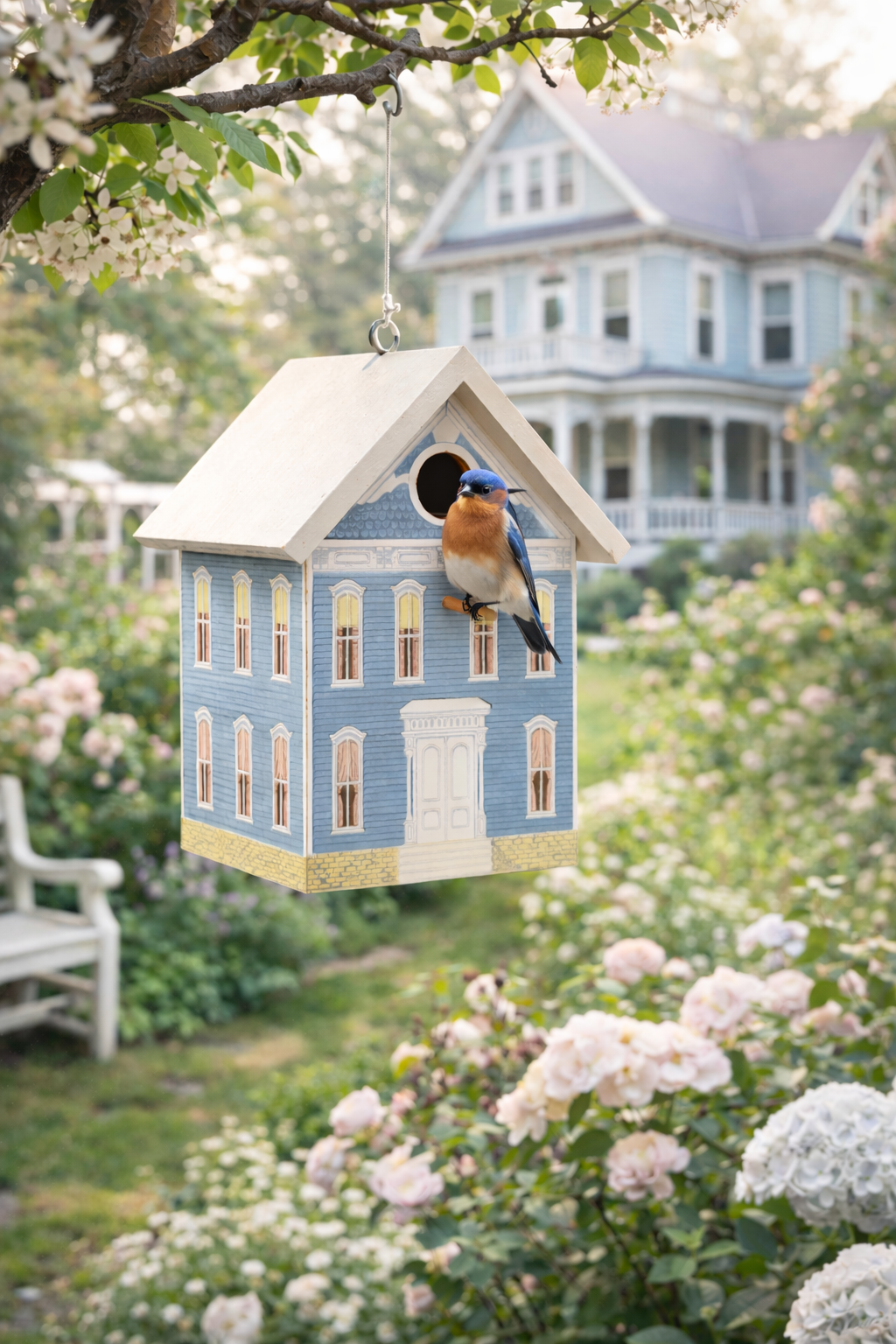 Victorian Cottage Blue Birdhouse | Decorative Garden Hanging Birdhouse, Shabby Chic Outdoor Cottage Decor