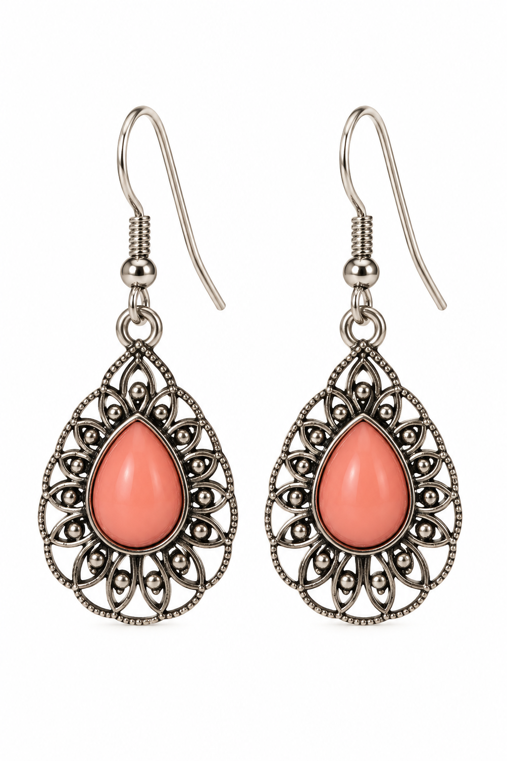 Romantic Pink Teardrop Silver-Tone Dangle Earrings | Ornate Filigree Statement Jewelry