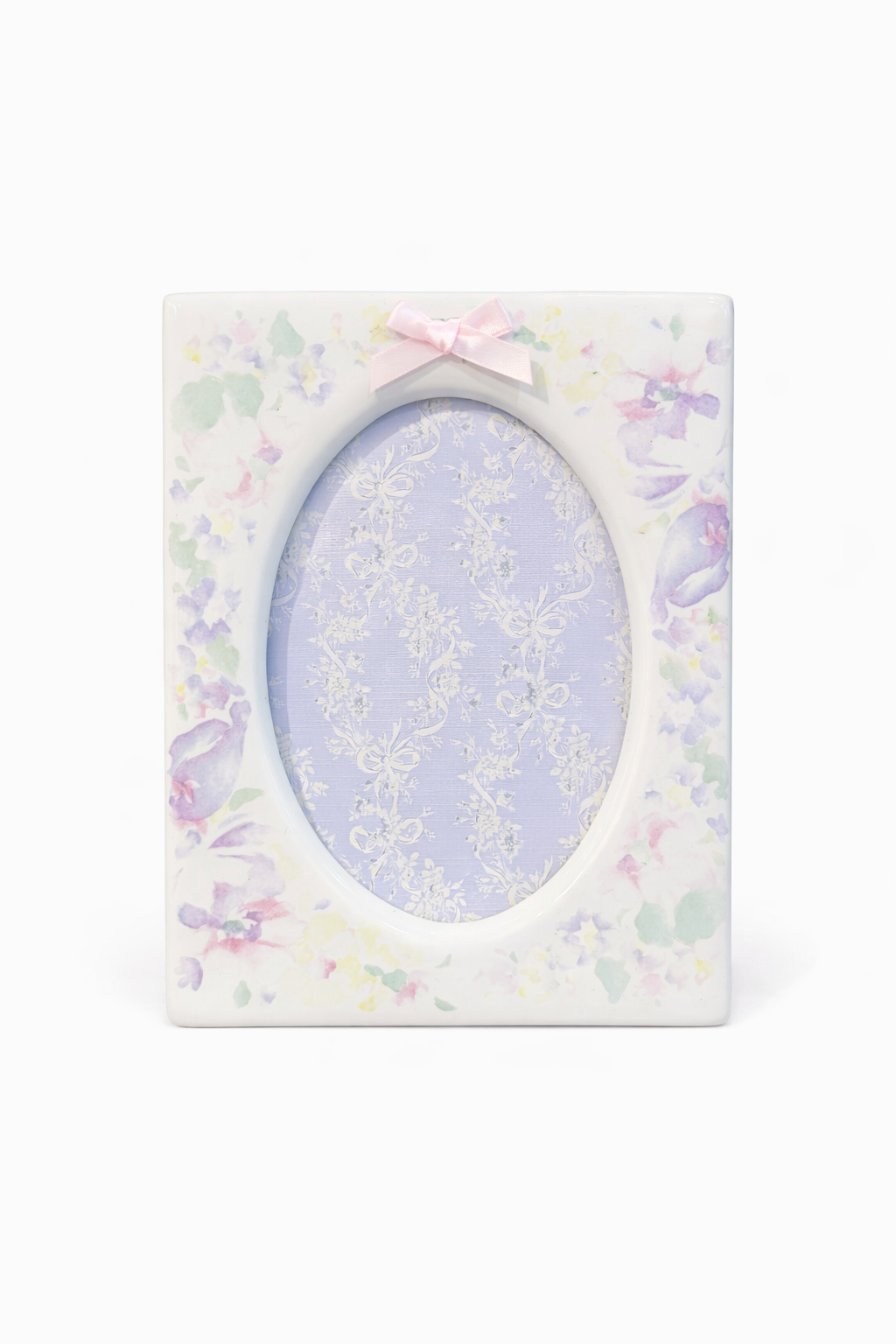 Vintage 1980s Pastel Floral Picture Frame with Pink Bow | Lavender Cottagecore Decor