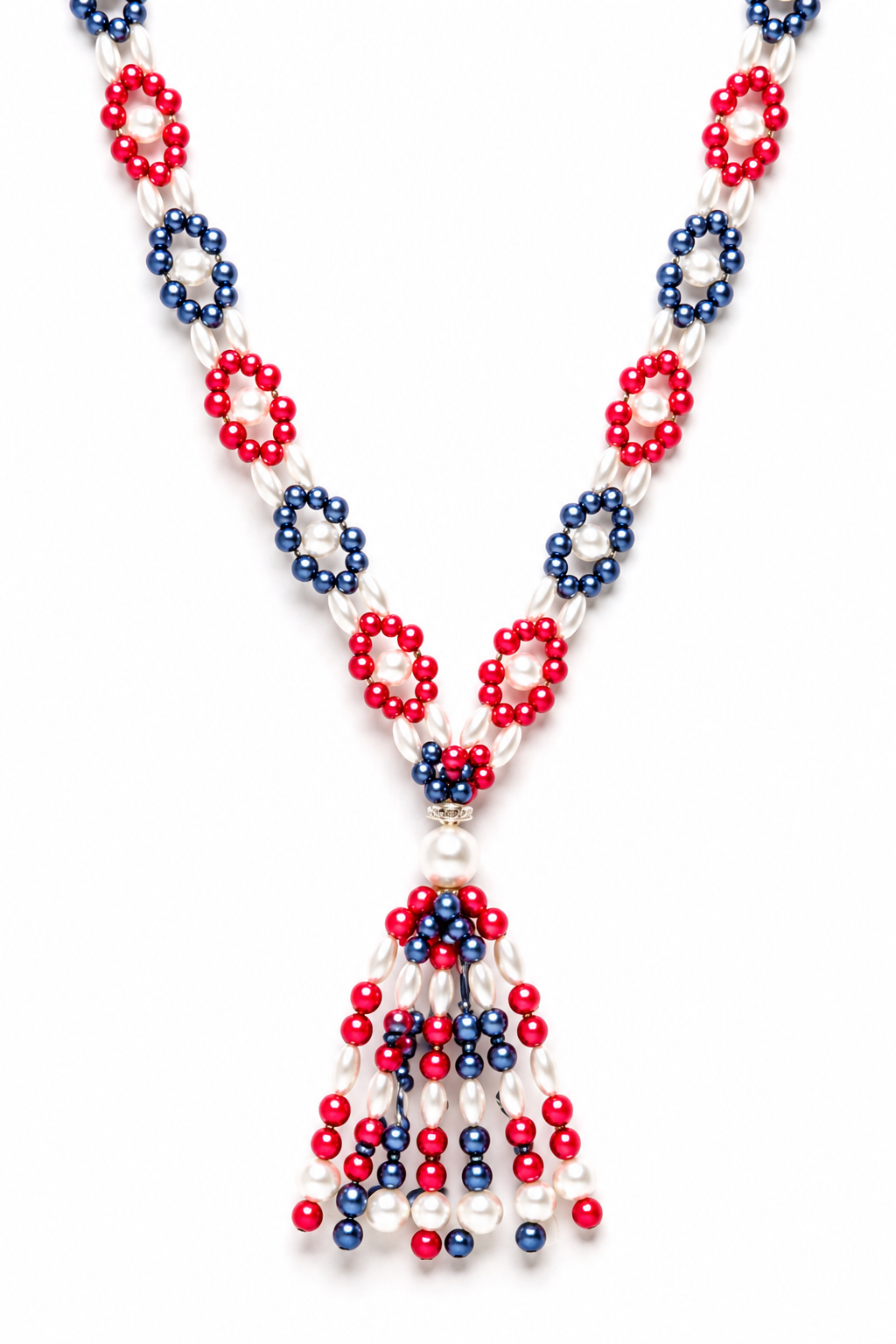 1970s Vintage Patriotic Red, White & Blue Beaded Tassel Necklace | Americana Statement Necklace | Long Festive handmade Jewelry