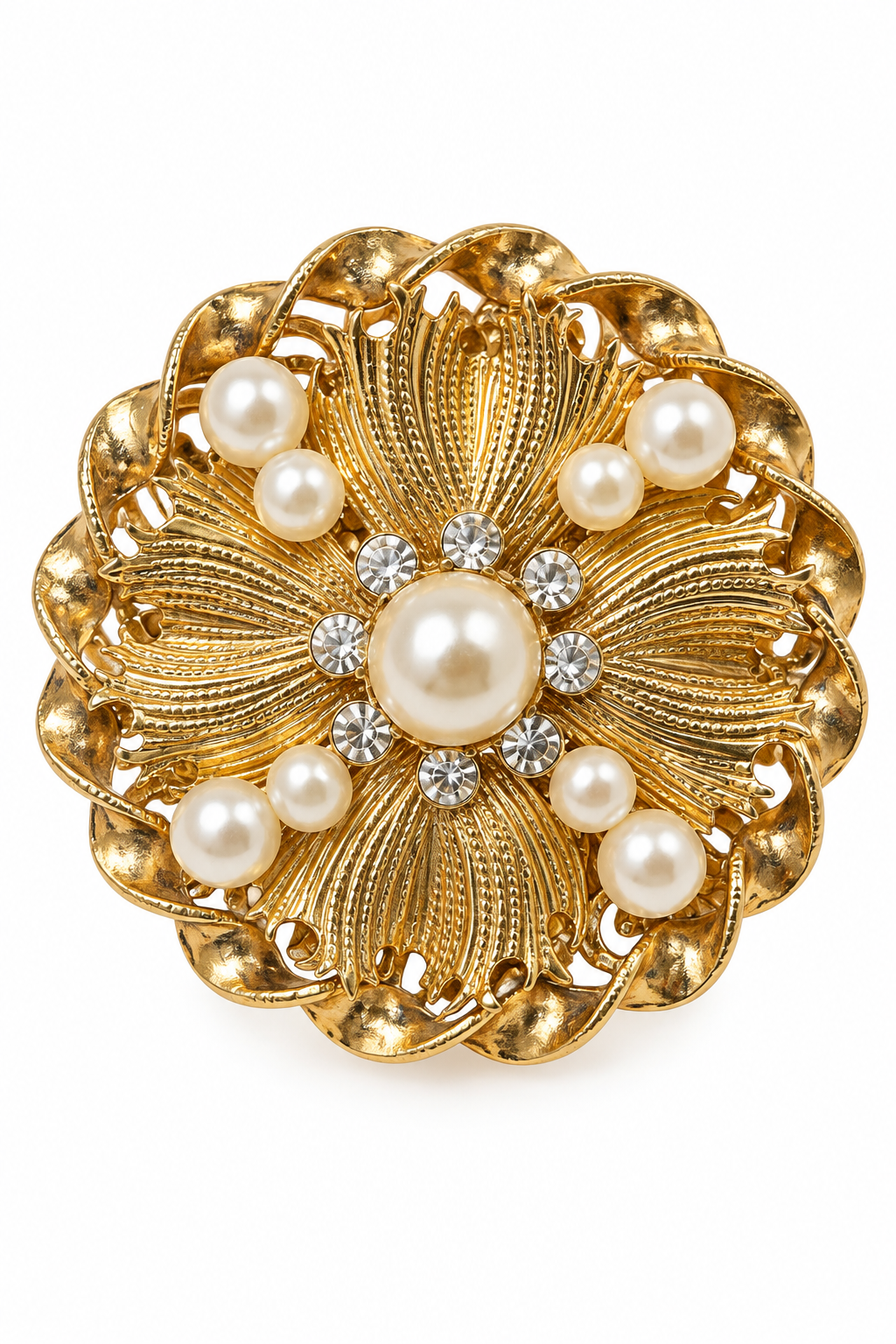 Vintage 1960s Gold-Tone Filigree Faux Pearl & Rhinestone Medallion Brooch