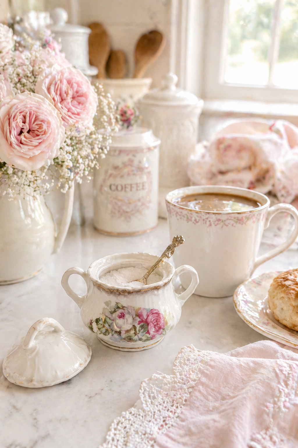Antique German Rose Sugar Bowl | Victorian Style Porcelain Serving Jar