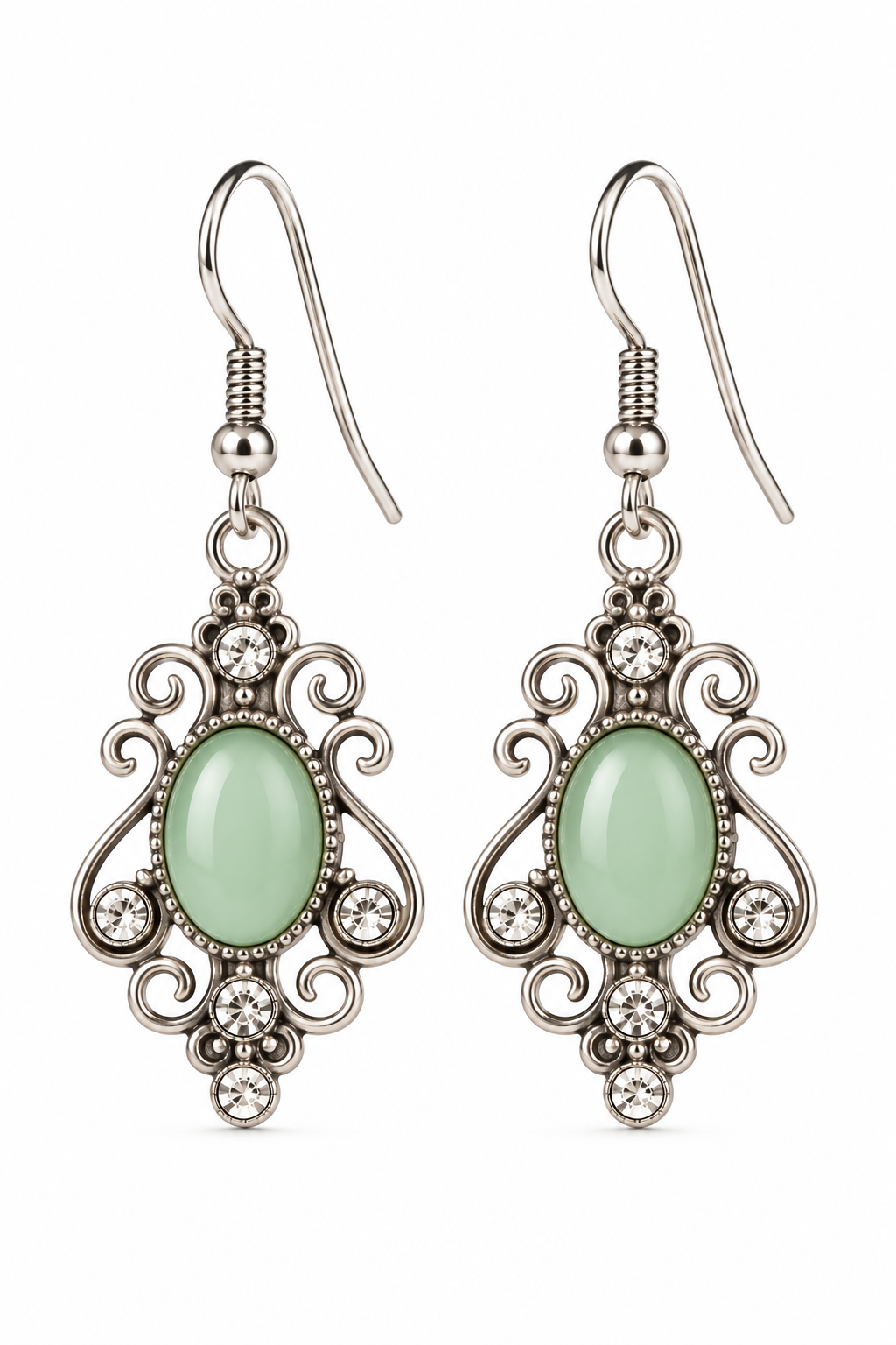 Romantic Sage Green Silver-Tone Dangle Earrings | Victorian-Inspired Rhinestone Statement Jewelry