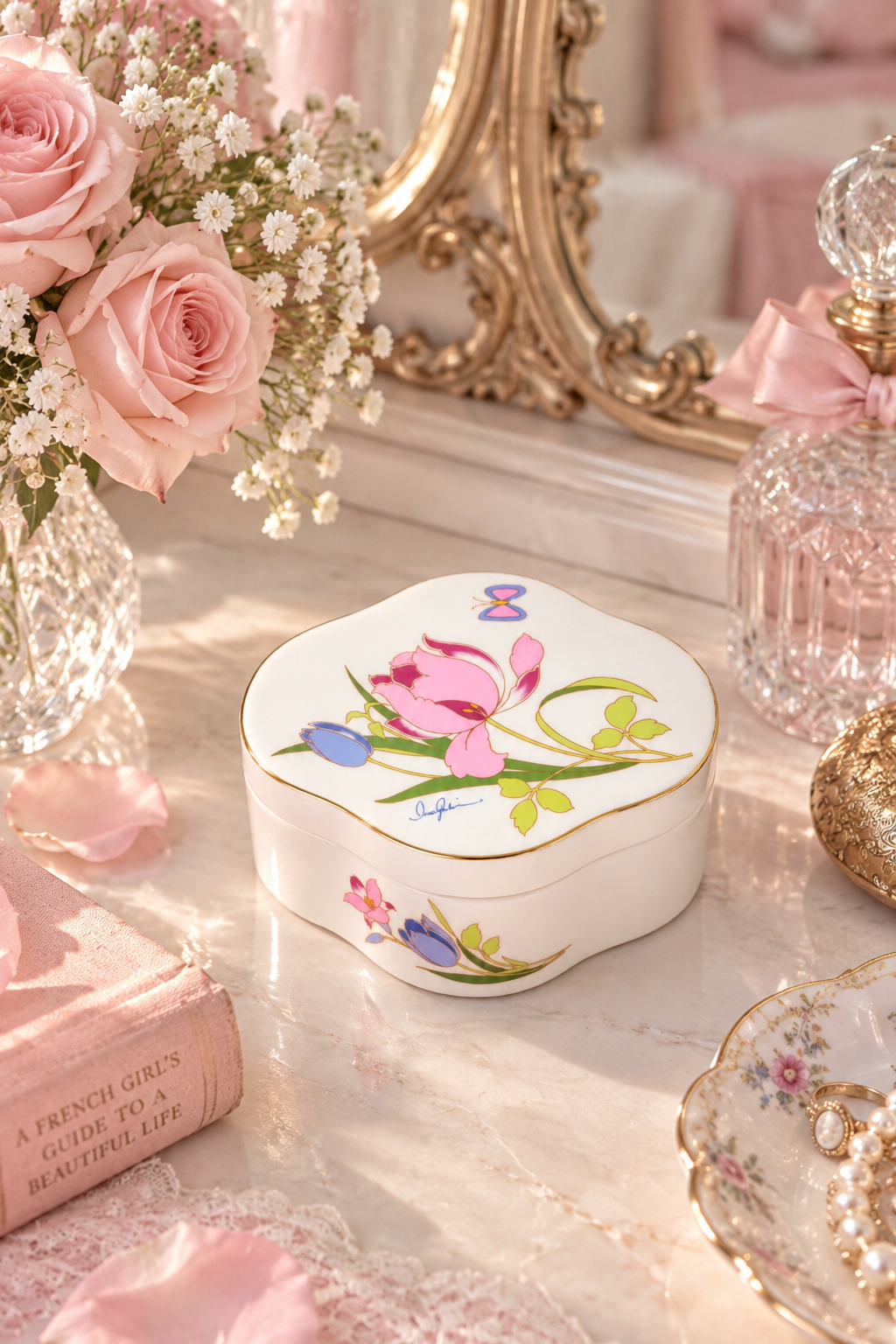 Vintage 1980s Japanese Floral Porcelain Trinket Box | Gold Trim