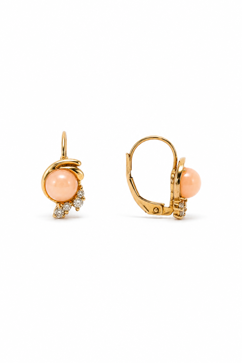 Vintage/Antique Estate Pink Coral Cabochon & Rhinestone Gold Tone Leverback Earrings | Romantic Petite Earrings | ½”