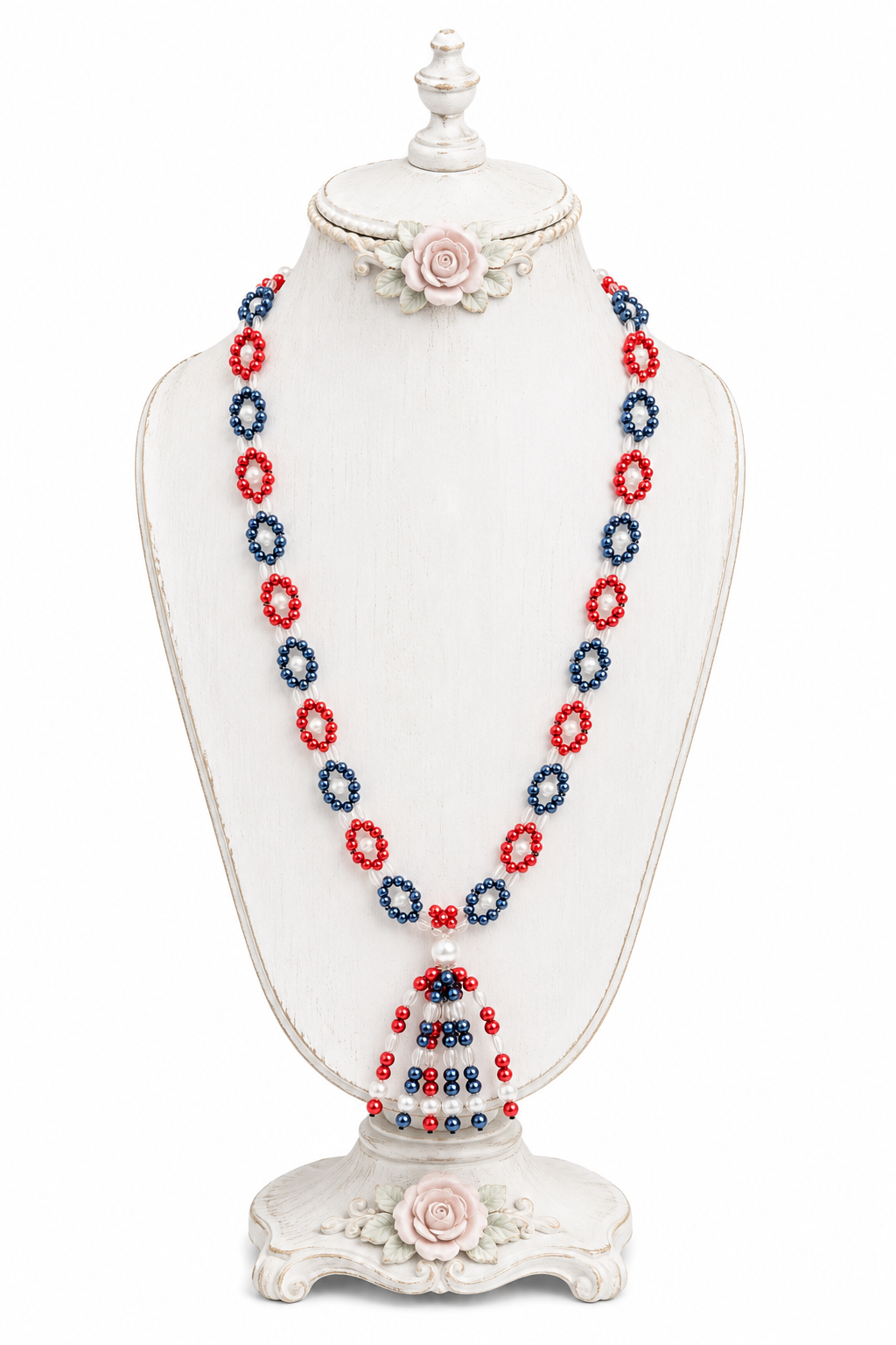 1970s Vintage Patriotic Red, White & Blue Beaded Tassel Necklace | Americana Statement Necklace | Long Festive handmade Jewelry