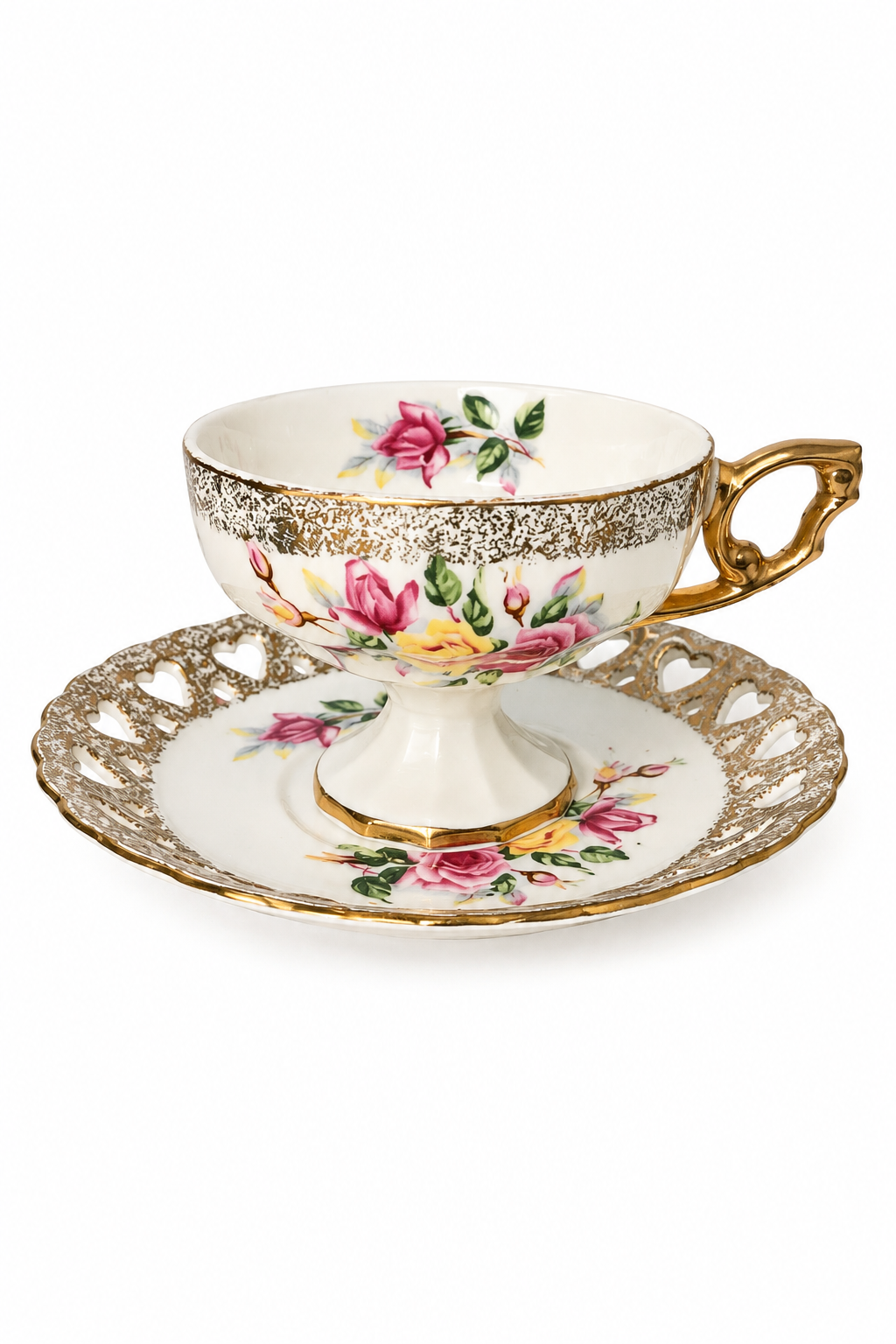 Vintage 1950s–1960s Made in Japan Rose Teacup & Saucer | Gold Trim Floral Pedestal Tea Cup
