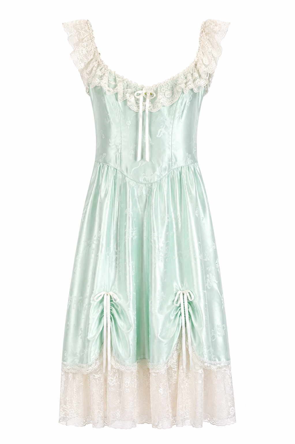 Vintage 1980s Flirtatious for Alfred Angelo Mint Green Lace Ruffle Formal Gown XS/S Made in USA