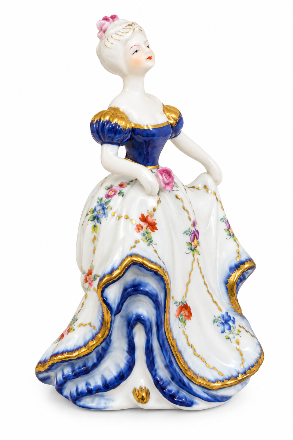 Vintage 1980s Victorian Lady Porcelain Figurine in Blue & White Floral Dress with Gold Trim – 8”