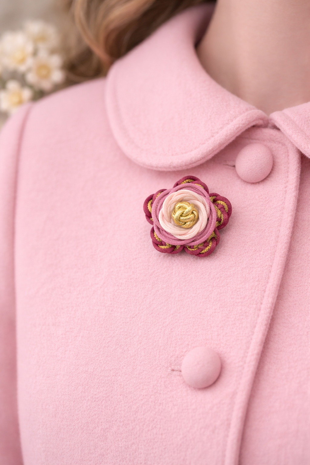 Vintage Pink Rosette Brooch/Pin with Gold-Tone Center