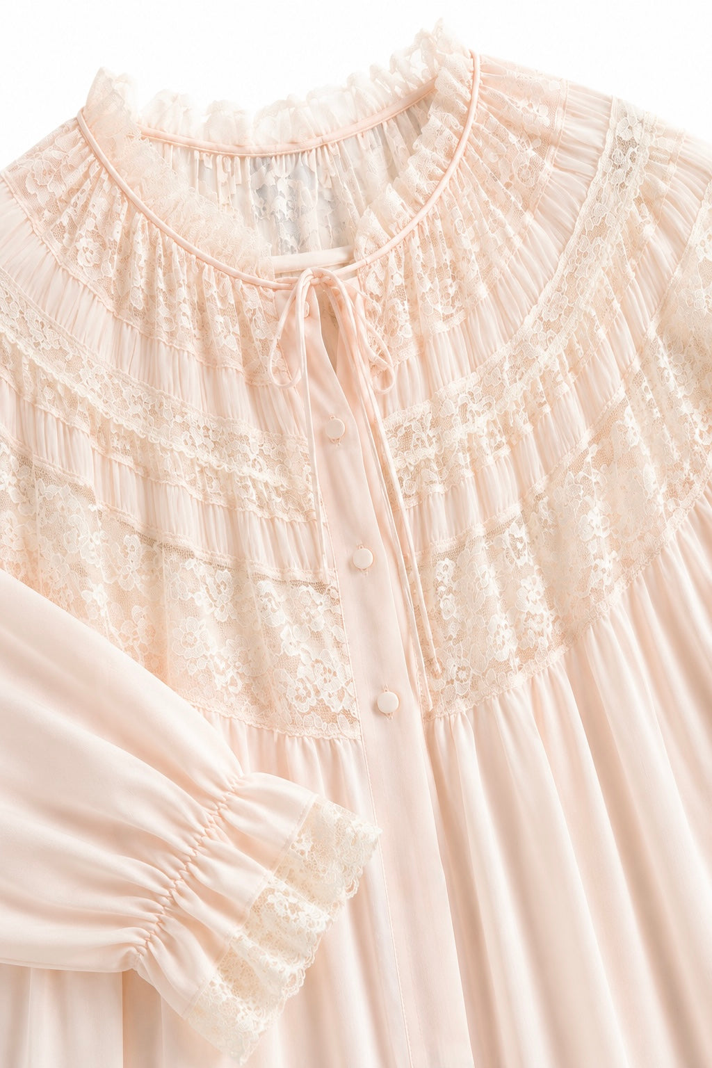Vintage One Size Blush Pink Nylon Lace Robe | Romantic Sheer Peignoir Lounge Robe
