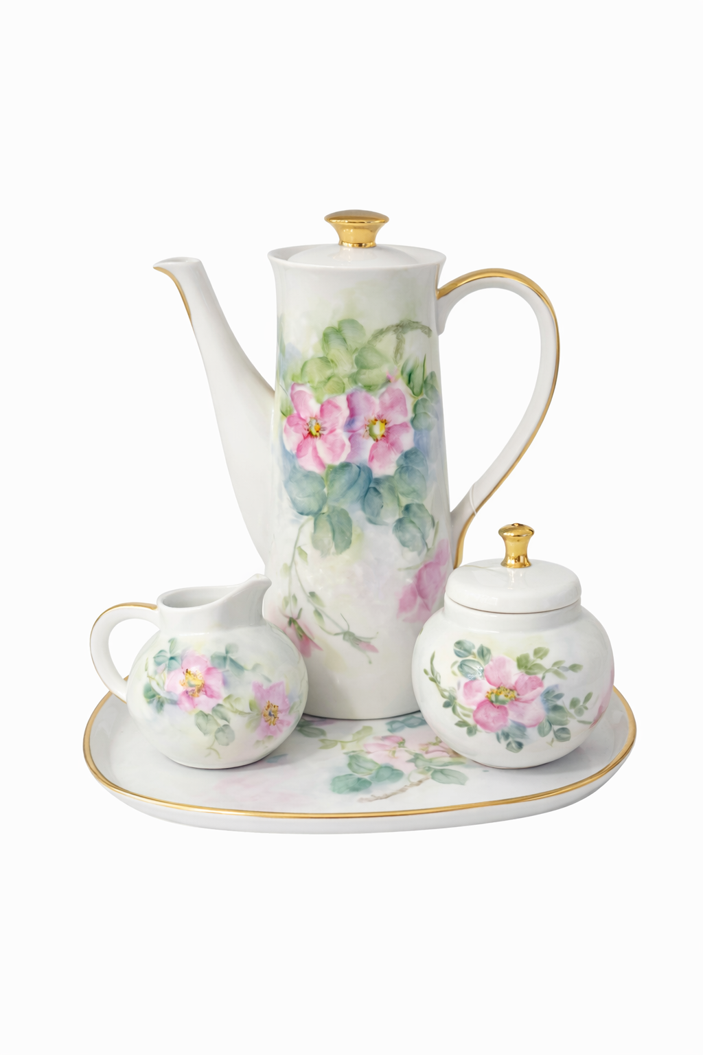 Hand-Painted Floral Coffee Set | 4-Piece Vintage-Inspired Tea Service with Gold Trim